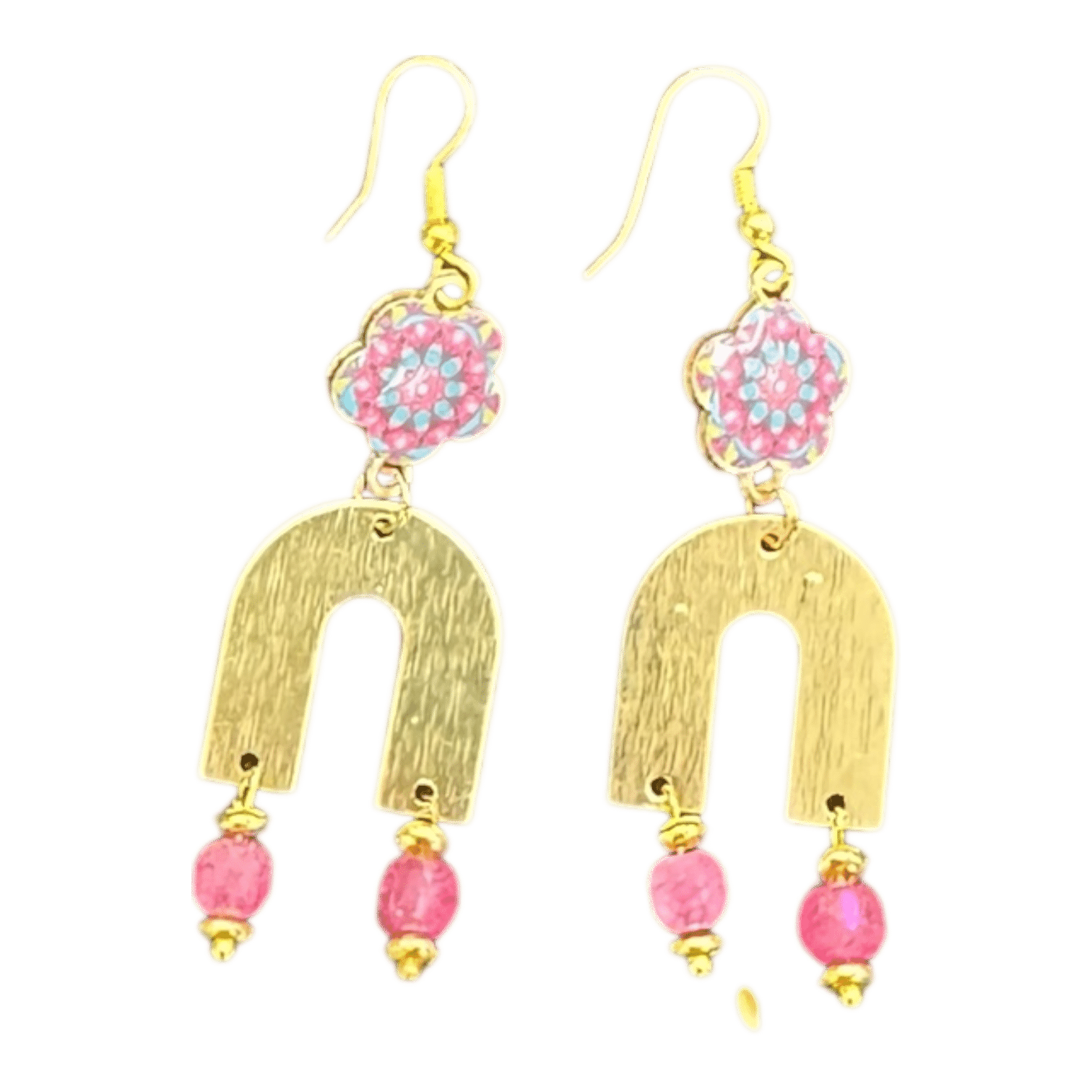 Blush Bloom Arches by Art in Stone — handmade gold and pink millefiori earrings with floral detail and rose quartz beads for joyful, modern style.