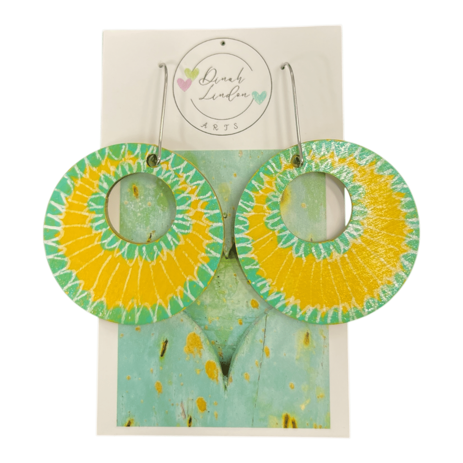 Sunburst Circle Hoops by Dinah Lindon – handpainted yellow and green earrings with radiant sun-inspired design on lightweight wood.