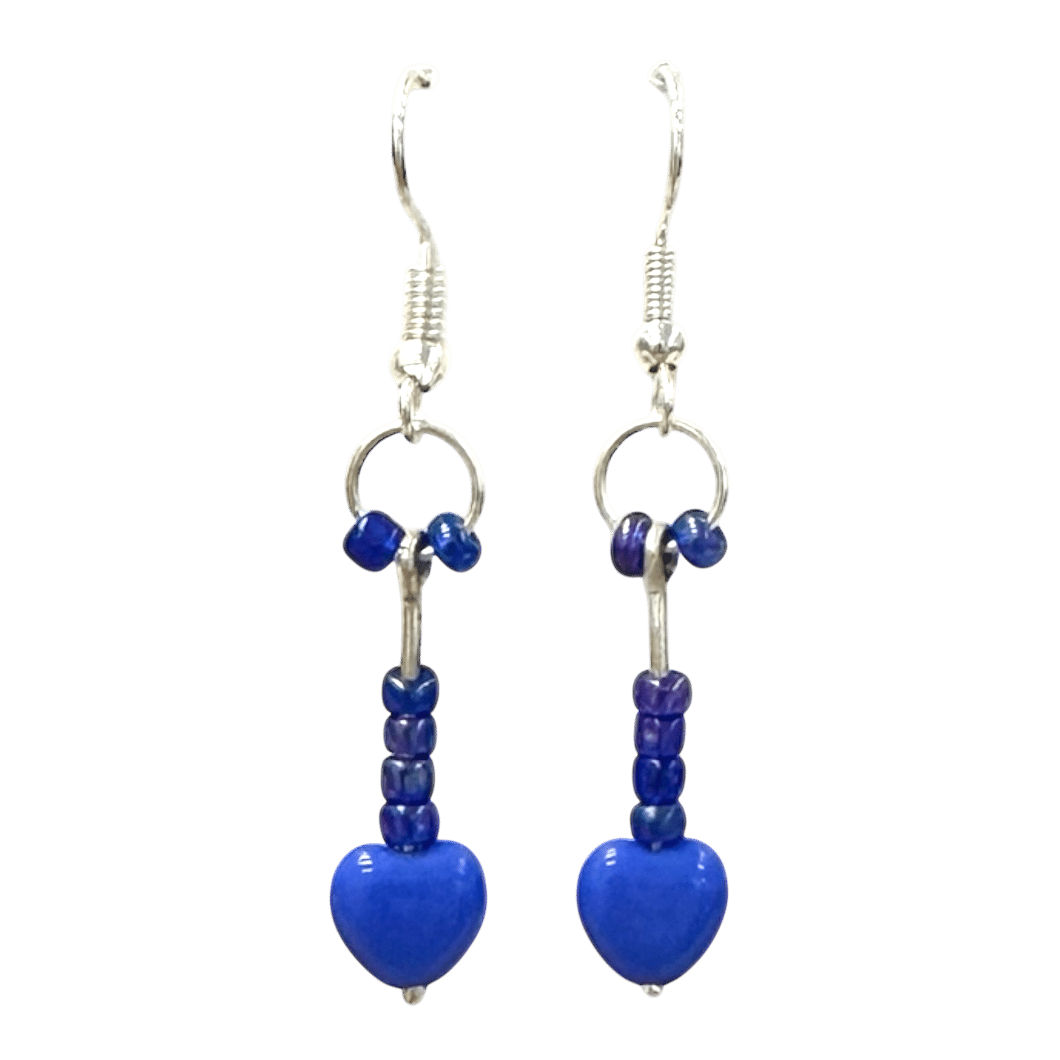 Blue Heart Drop Earrings by Kevin Sterling – charming handcrafted earrings featuring cobalt glass hearts and playful blue bead stacks.