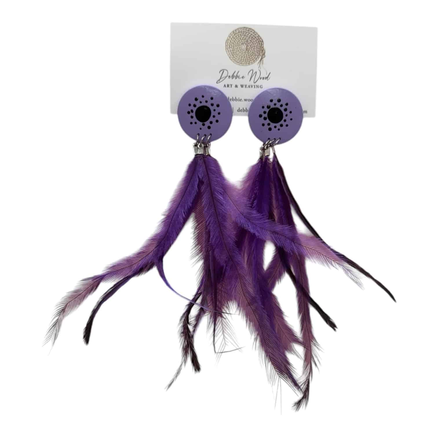 Deep Spirit Earrings by Debbie Wood – hand-painted lilac studs and flowing deep purple ethically sourced feathers.