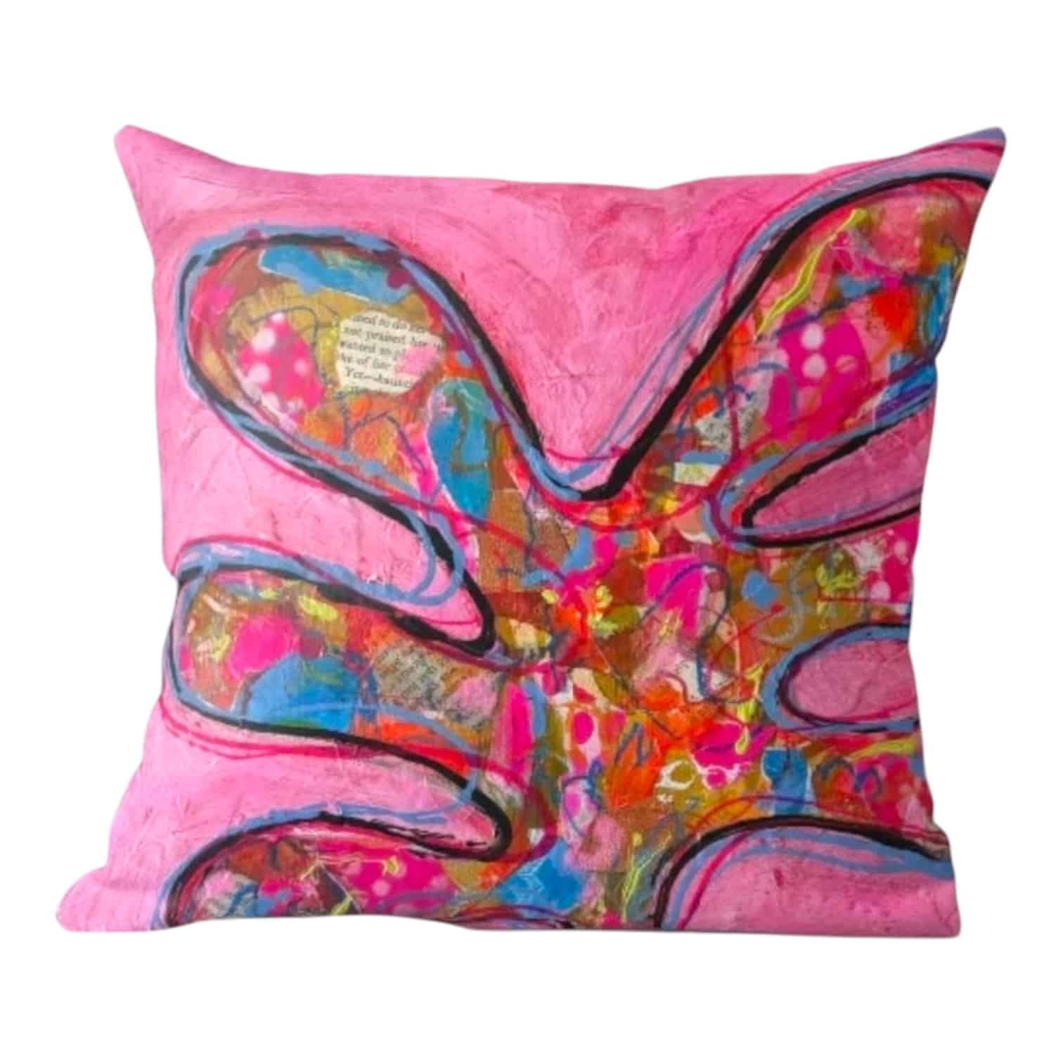 Brighten your decor with Lindy Farley’s abstract floral cushion, featuring bold colours and unique collaged details. A true statement piece!