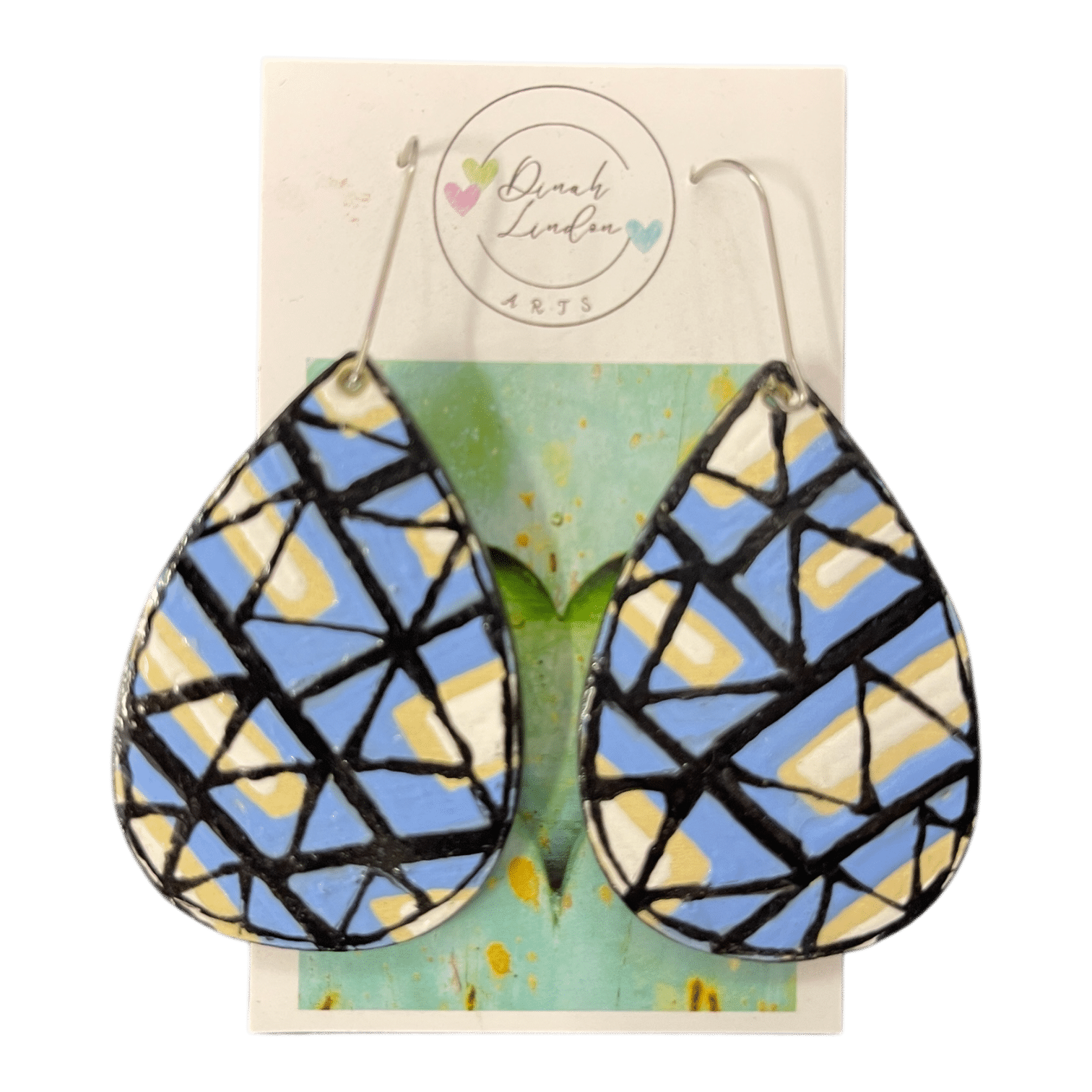Mosaic Dreams Teardrops – geometric handpainted earrings in black, cream, and blue, crafted from wood and finished with gloss.
