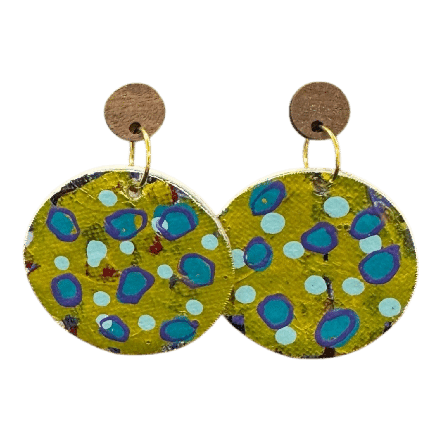 Lemon Twist hand-painted earrings by Lindy Farley — bold yellow & blue eco-friendly jewellery created from recycled aluminium coffee pods.