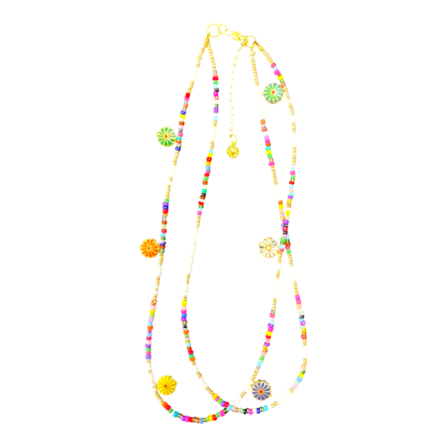“Sunshine State” handmade Art in Stone necklace — enamel flower medallions, rainbow beads & semi-precious stones. Joyful Australian jewellery.