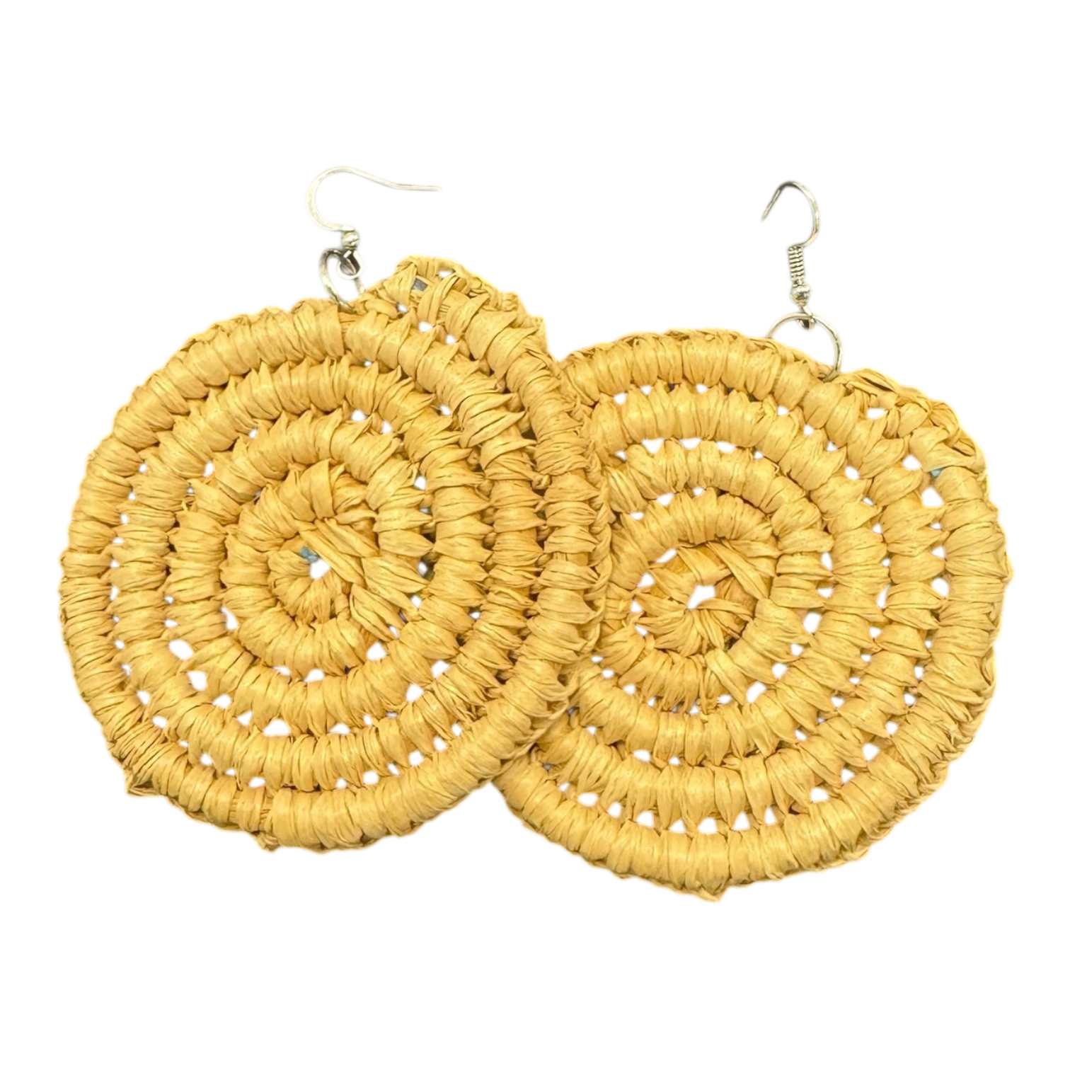 Natural raffia handwoven earrings by Gomeroi artist Debbie Wood. Lightweight neutral spiral earrings. Unique Australian Indigenous handmade jewellery.