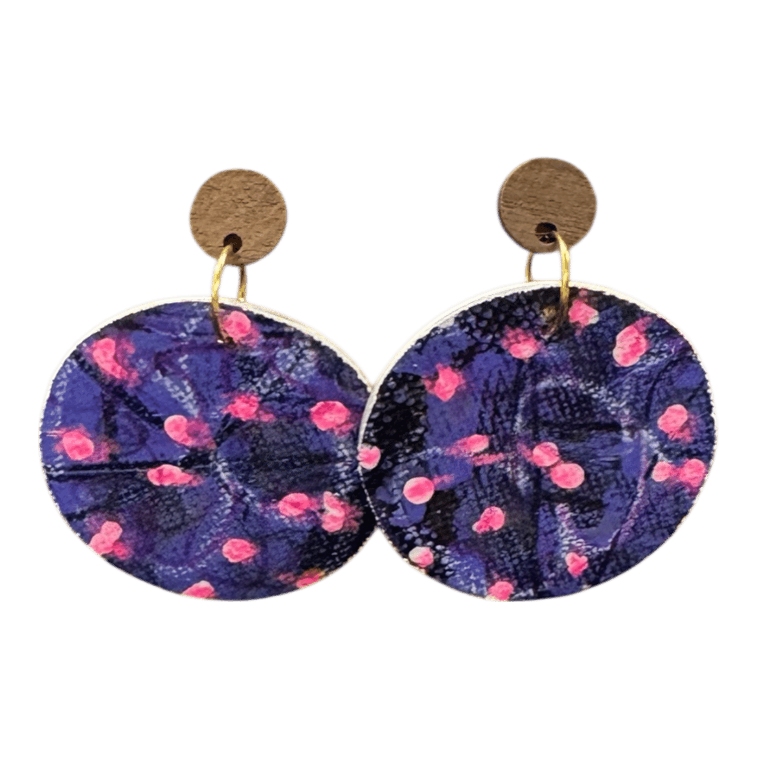 Indigo Bloom hand-painted earrings by Lindy Farley — navy & pink eco-friendly art jewellery made from recycled aluminium coffee pods