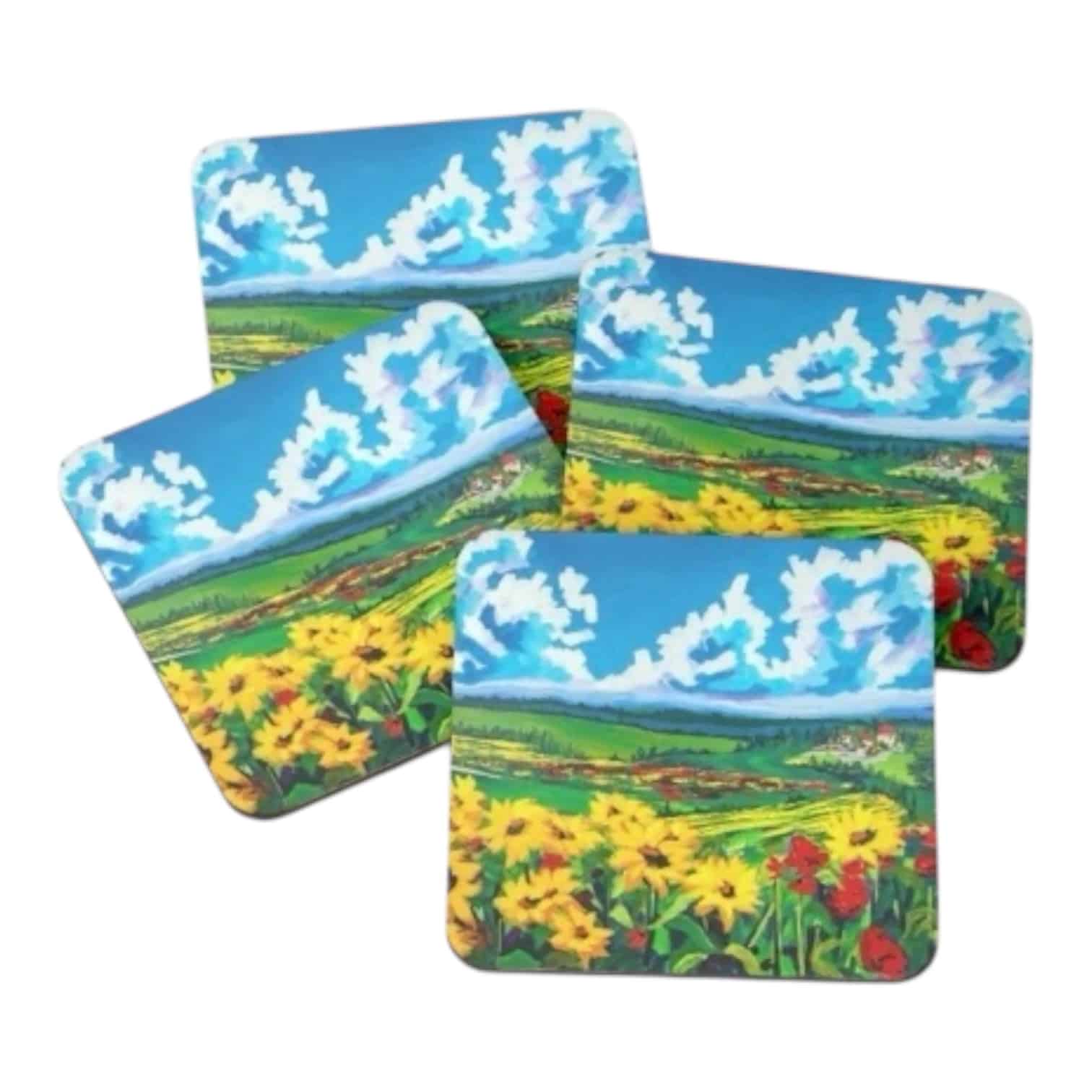 Stunning St Puy Coasters by Maggie Deall. Bright sunflowers and scenic skies, cork-backed for style and protection. A French-inspired charm!