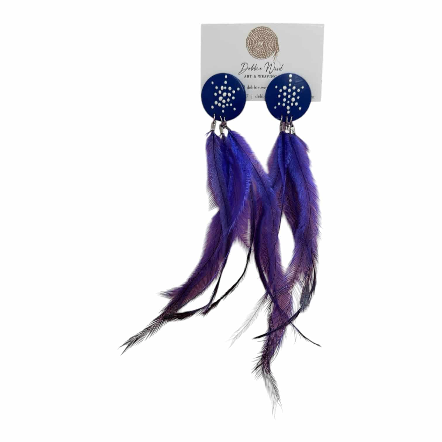 Twilight Dreaming Earrings by Debbie Wood – deep blue studs with white dots and flowing purple ethically sourced feathers.
