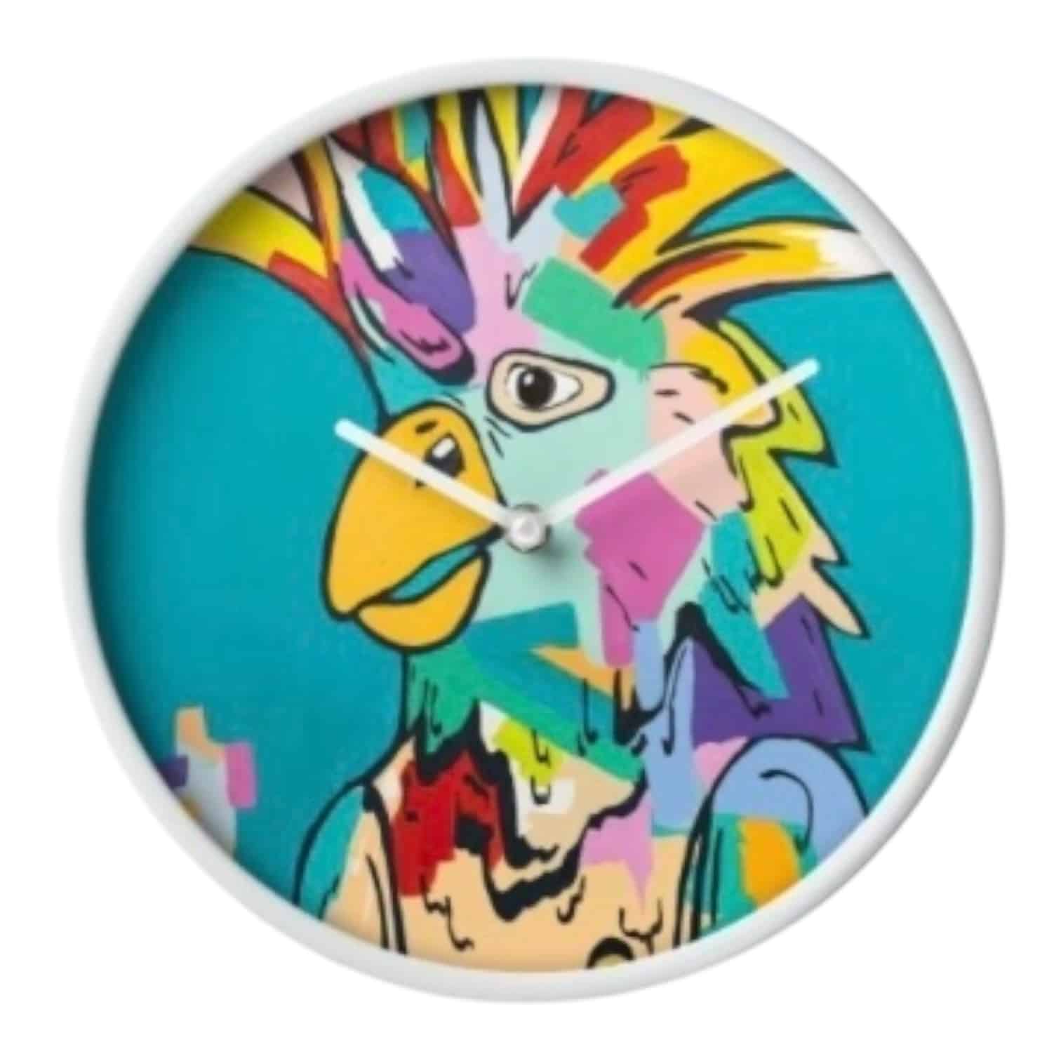 Add personality to your walls with the My Name is Not Kevin Clock by Maggie Deall. A quirky cockatoo design full of vibrant colours.