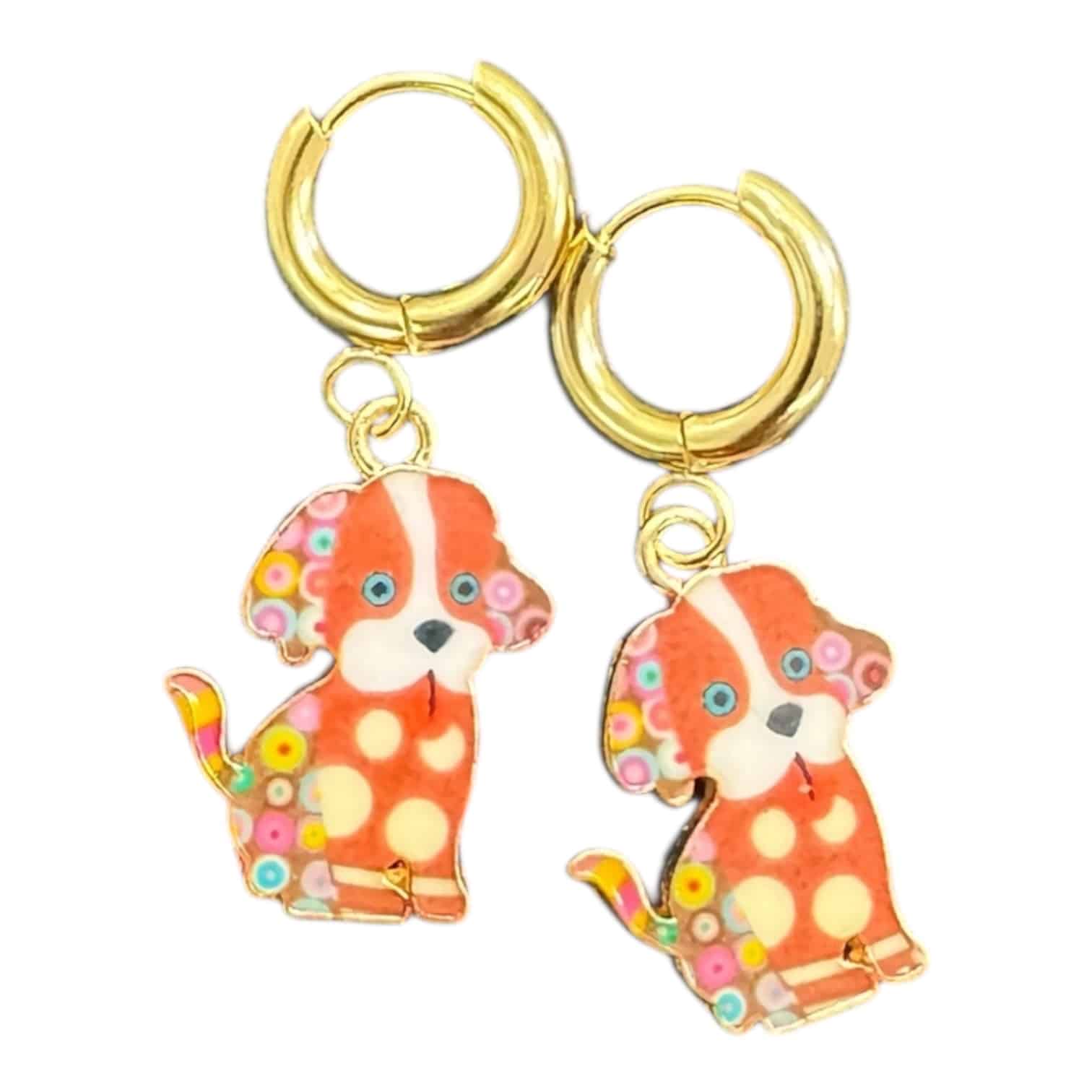 Playful and colourful, the Puppy Love Huggies feature bright enamel pups on gold hoops — pure joy for dog lovers and those that don't take fashion too seriously!