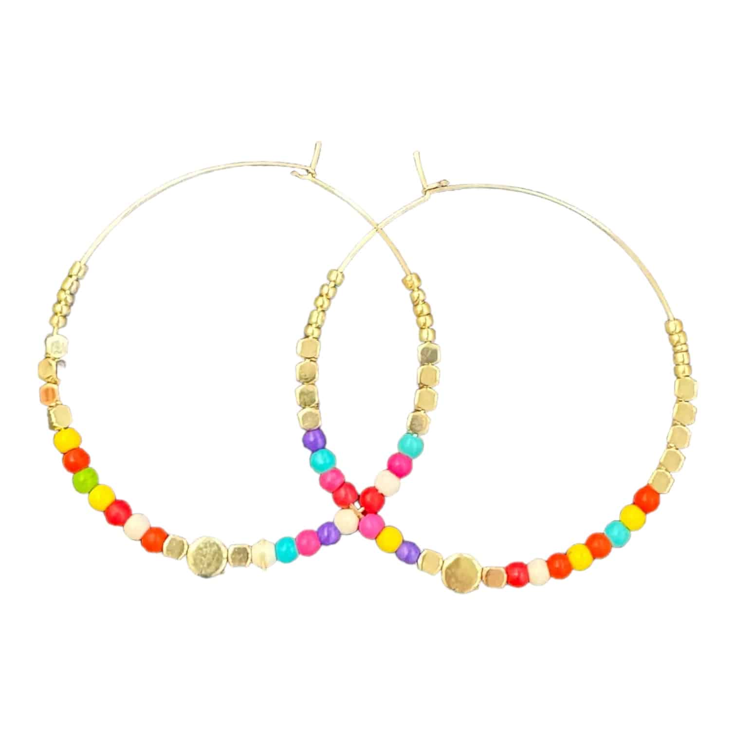 Celebrate colour with Rainbow Radiance earrings by Maggie Deall. Features vibrant rainbow-coloured beads with golden accents.