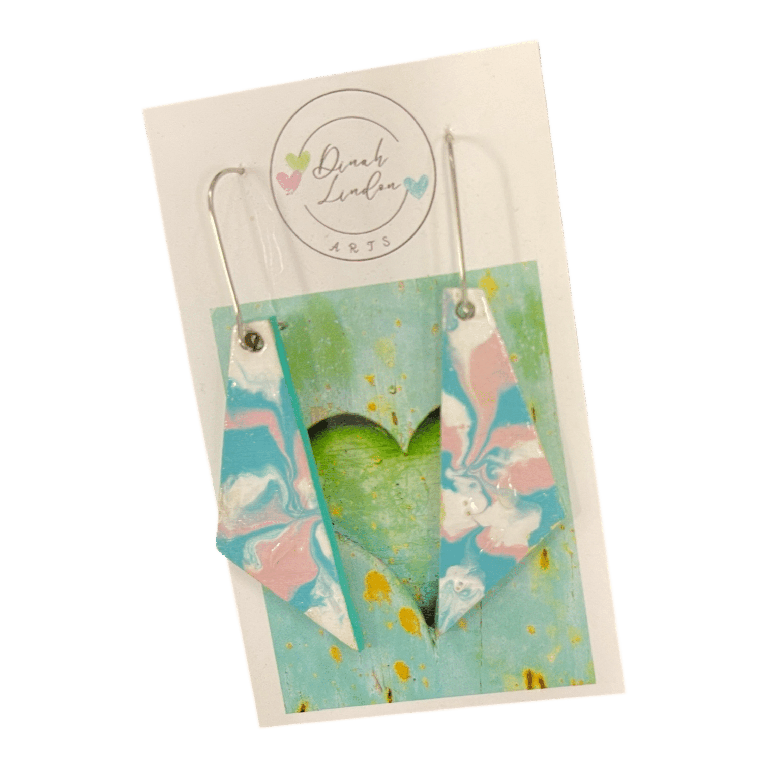 Fairy Floss Marble Dangles by Dinah Lindon – handpainted pastel pink, blue, and white marbled earrings in a sleek angular shape.