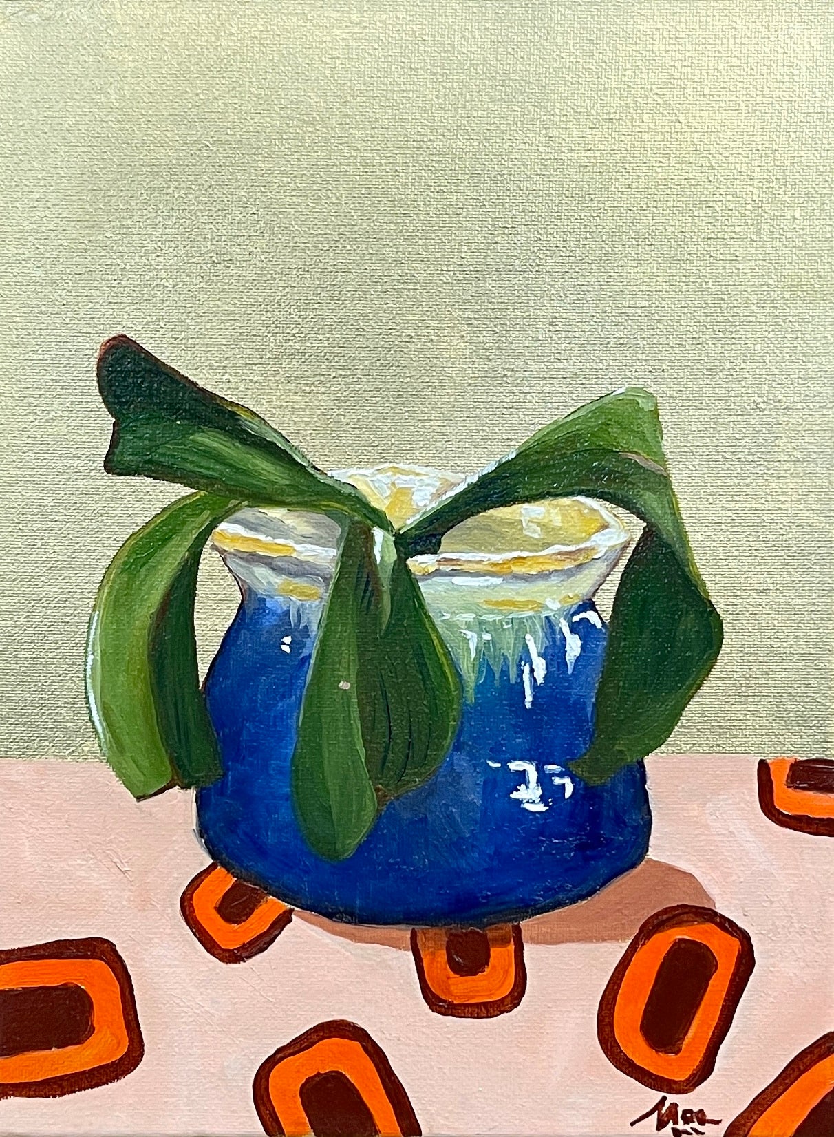 "Golden Series – Phoebe" by Maggie Deall is a modern oil painting of a blue vase with greenery, set against a gold-leaf background. Framed in oak.