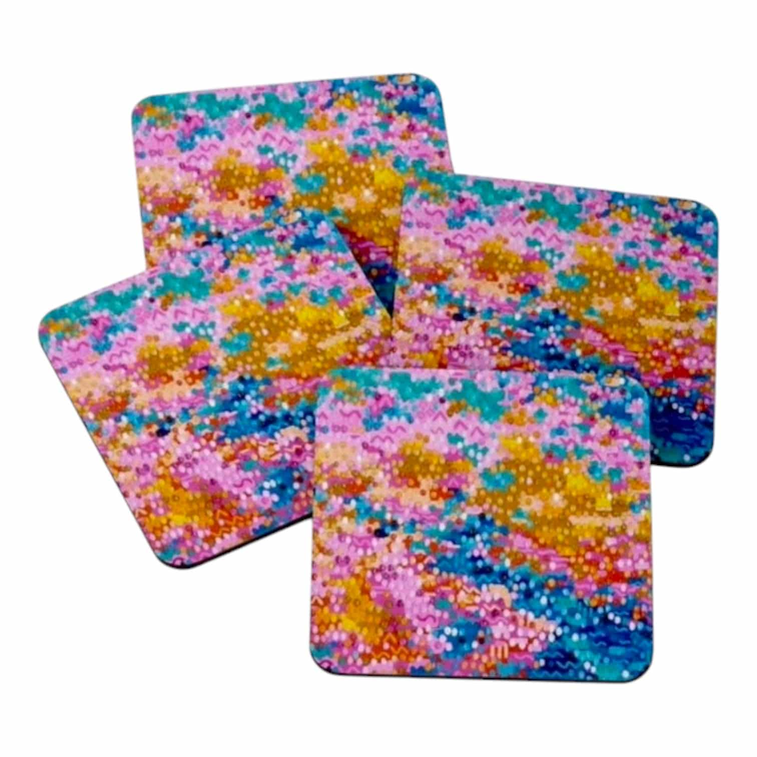 Brighten your home with Penelope's World by Gena Smith, a 4-piece wooden coaster set featuring joyful colours and playful abstract art.