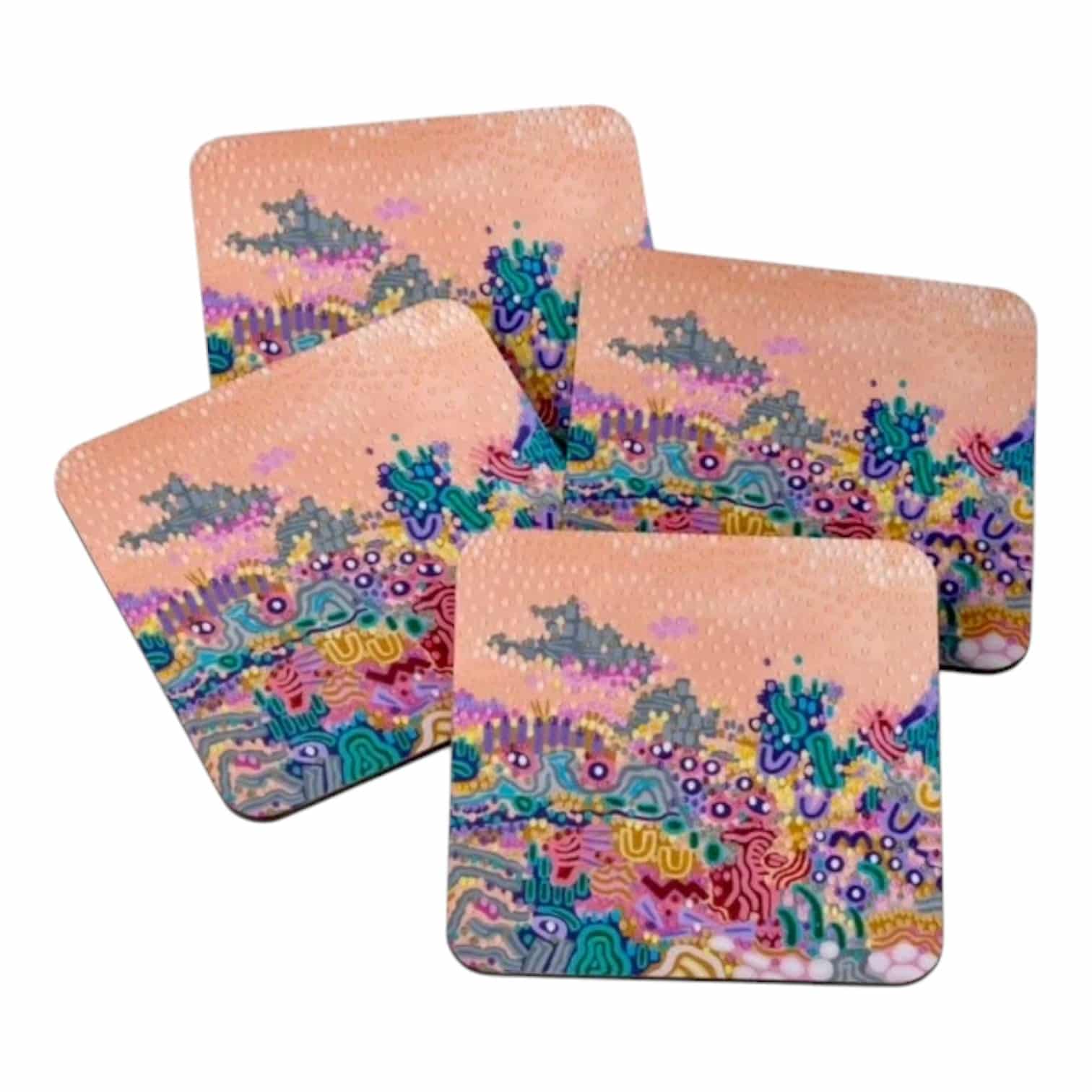 Transform your table with Emilia's Garden by Gena Smith, a vibrant 4-piece wooden coaster set featuring lush garden-inspired abstract art.