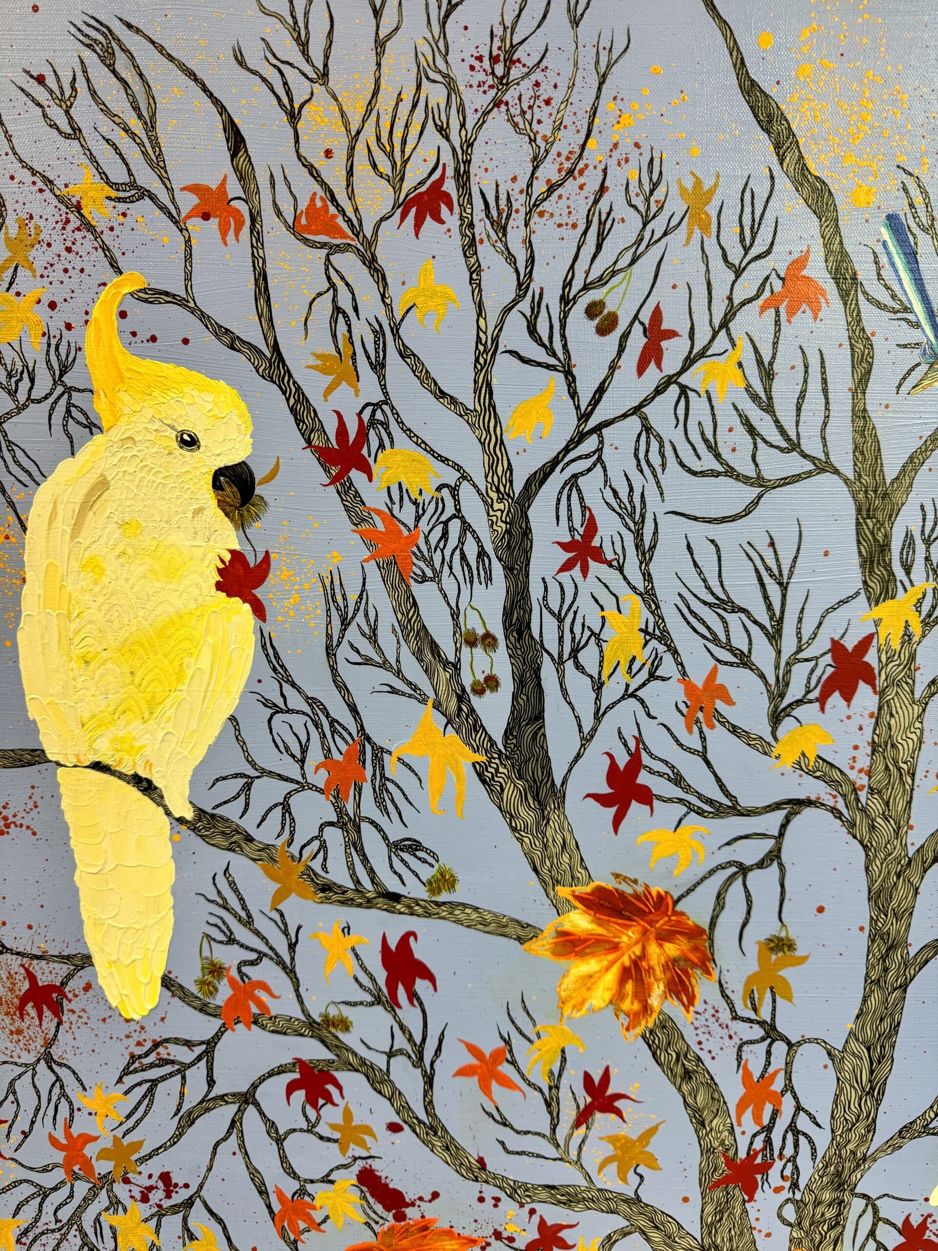 Cockatoos in autumn leaves | Original art on canvas by Deborah Carroll