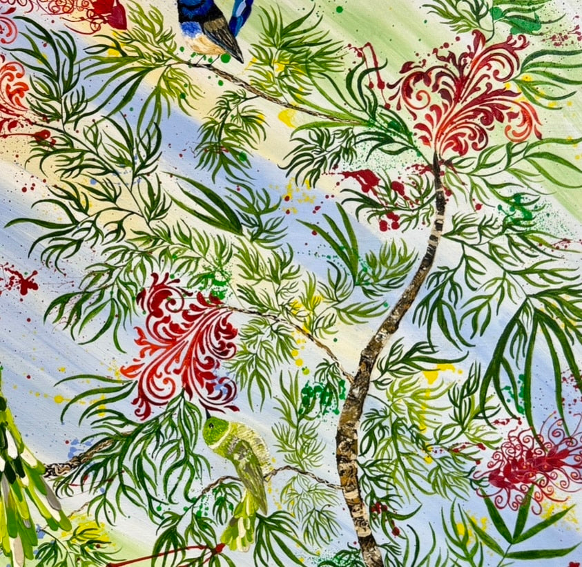 Cockatoos in autumn leaves | Original art on canvas by Deborah Carroll