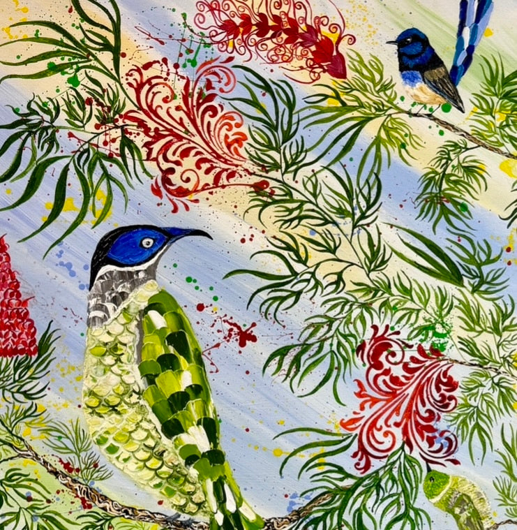 Cockatoos in autumn leaves | Original art on canvas by Deborah Carroll