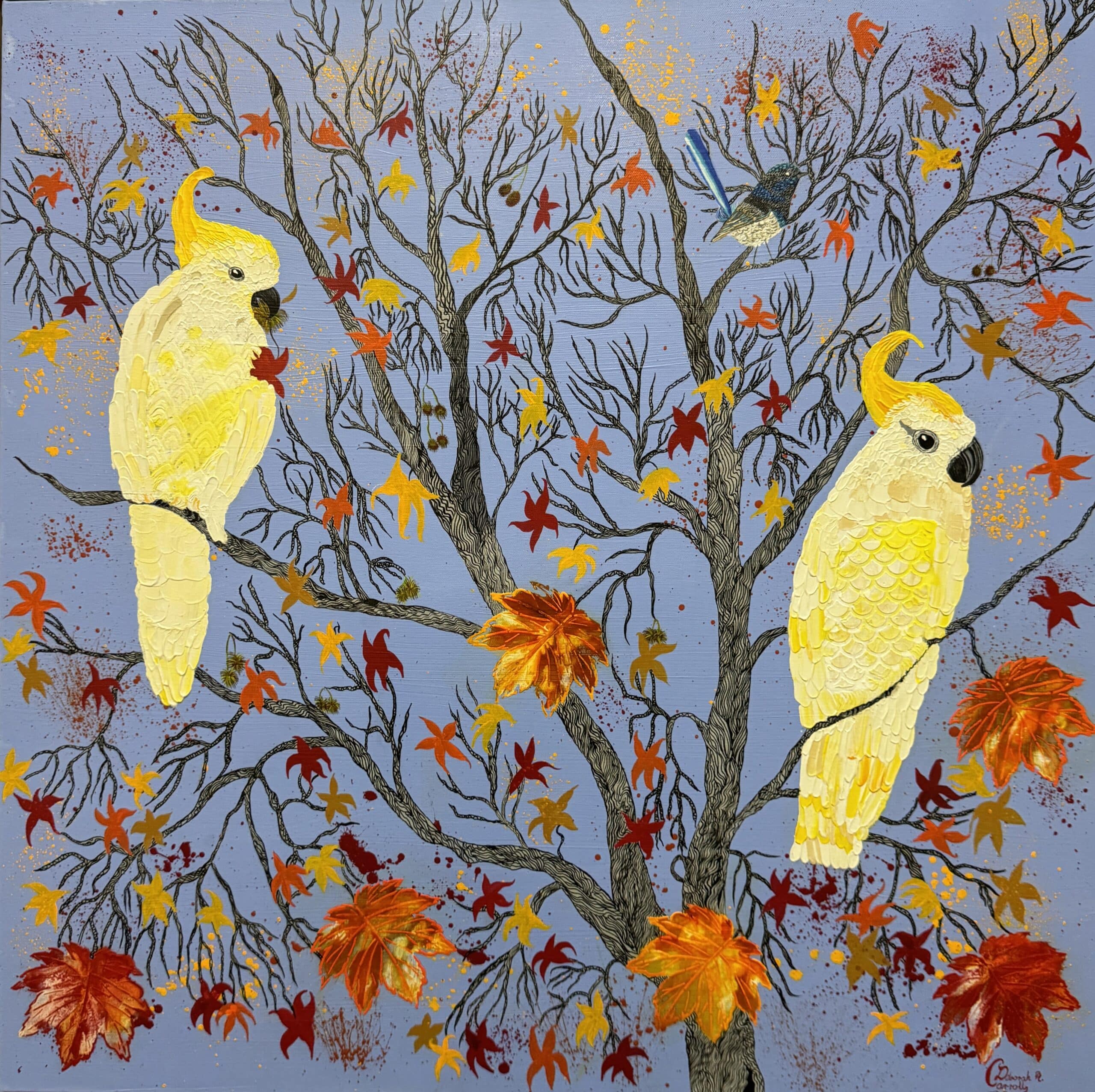 Cockatoos in autumn leaves | Original art on canvas by Deborah Carroll