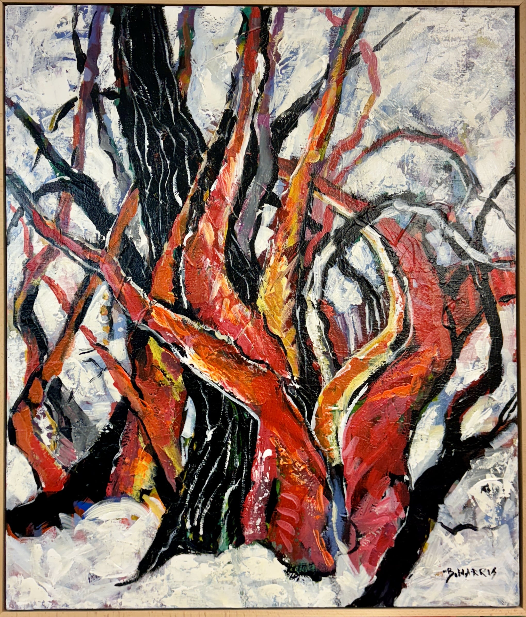 Bev Harris’s "Snowgums" features vivid tree trunks in reds, oranges, and blacks, with textured brushstrokes, capturing nature’s power and beauty. Size: 76 x 83 cm.