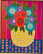 Erin Elsley's playful bouquet artwork in a polka-dotted vase radiates happiness and creativity with bold colours and patterns. Size: 30 x 30 cm.