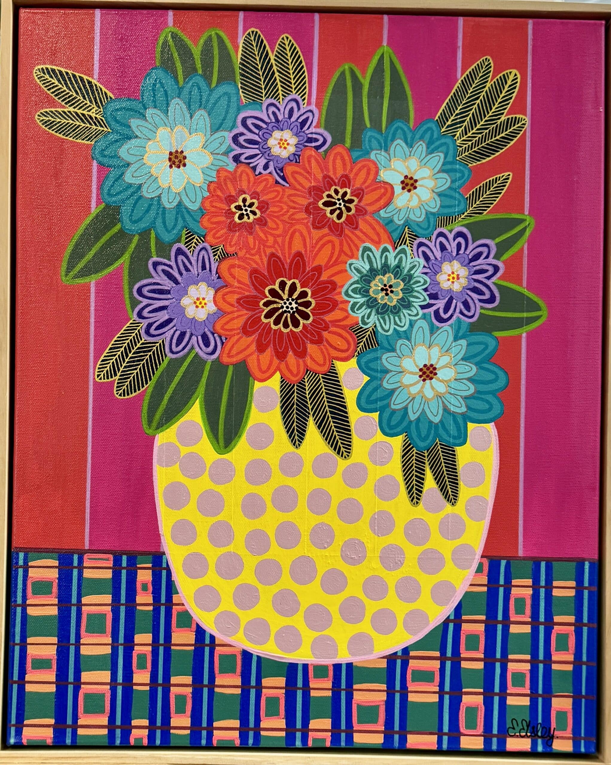 Erin Elsley's playful bouquet artwork in a polka-dotted vase radiates happiness and creativity with bold colours and patterns. Size: 30 x 30 cm.