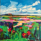 Experience the vibrant beauty of "Champs de Coquelicots" by Maggie Deall, the first piece in her "Memories of France" collection, float framed and ready to hang. This enchanting painting features a lively poppy field under a brilliant blue sky, perfect for adding a touch of joy and color to any space.