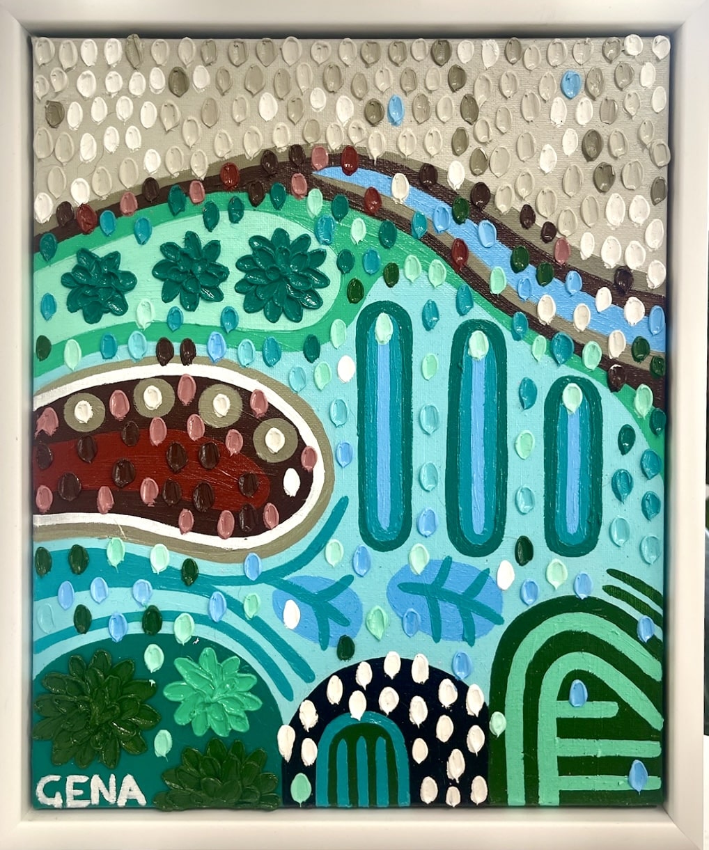 Immerse in tranquility with "Green Serenity 2" by Gena Smith. This elegant abstract artwork in calming greens and blues, float-framed in crisp white, adds peace to any space. Shop today!