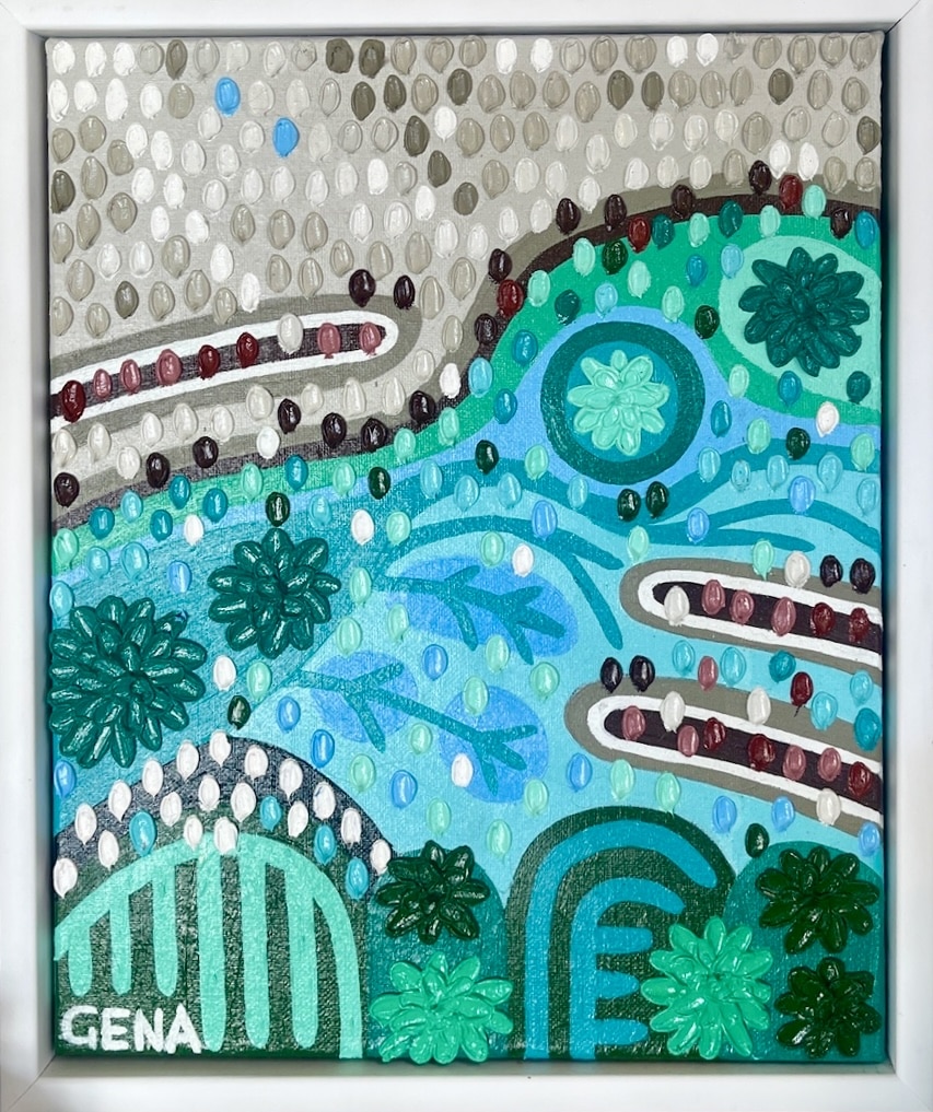 Experience tranquility with "Green Serenity 1" by Gena Smith. This soothing abstract artwork in calming greens and blues is float-framed in crisp white, perfect for peaceful interiors. Buy now!