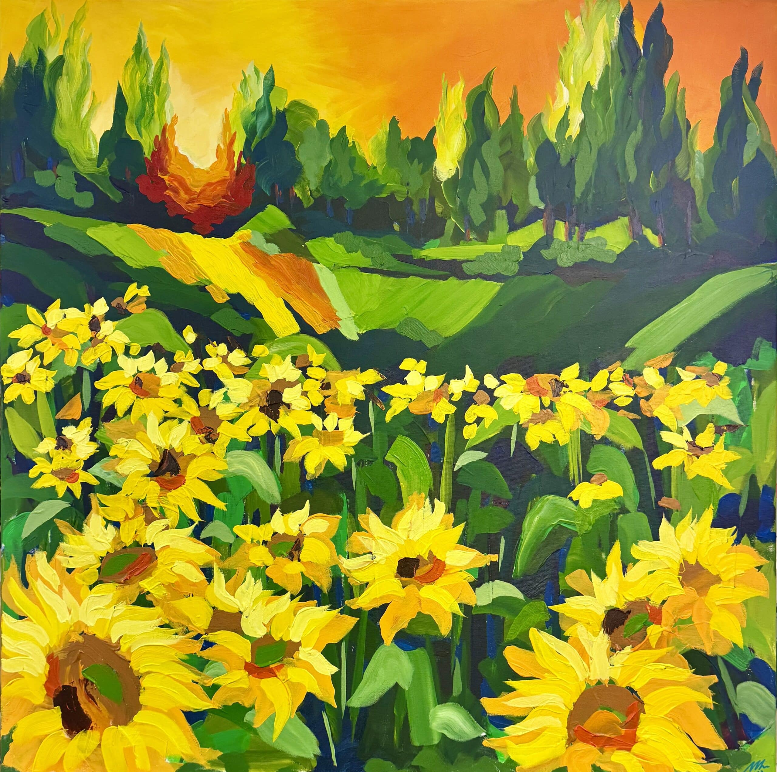 Explore the vibrant beauty of Tournesols au coucher du soleil by Maggie Deall, part of the 'Memories of France' collection. This oak-framed artwork captures a stunning sunset over a field of sunflowers, bringing a touch of the French countryside to your home.