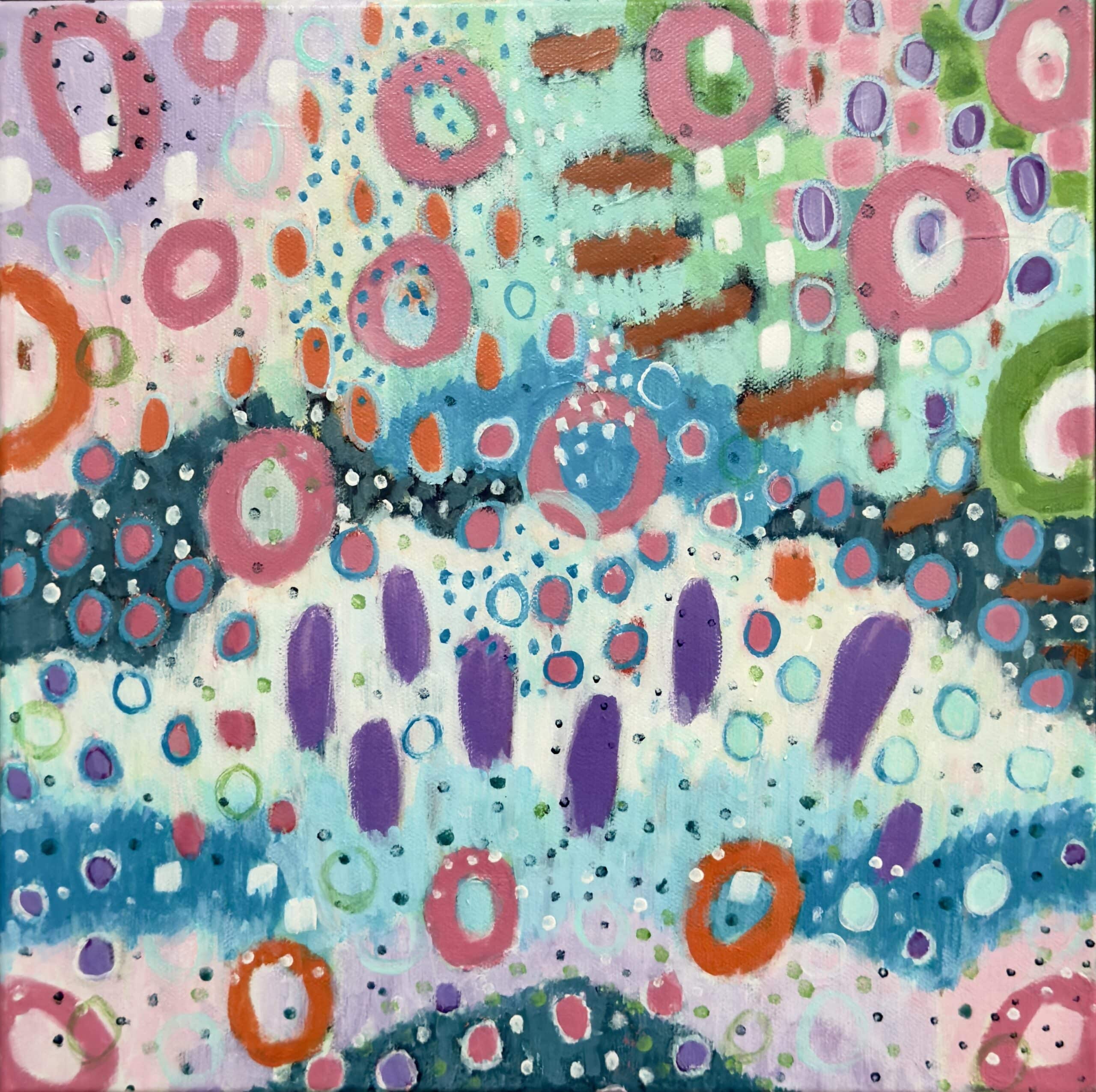 Quirky and fun this little abstract features all the colours of Liilia Lukianeko's garden with a modern twist! Float framed in pine and ready to hang 32cm x 32cm.
