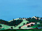 "The Slopes" by Rebecca Gornall (30 x 40 cm, Acrylic on Canvas) is a peaceful landscape of rolling hills under a clear blue sky, capturing nature's calm beauty.