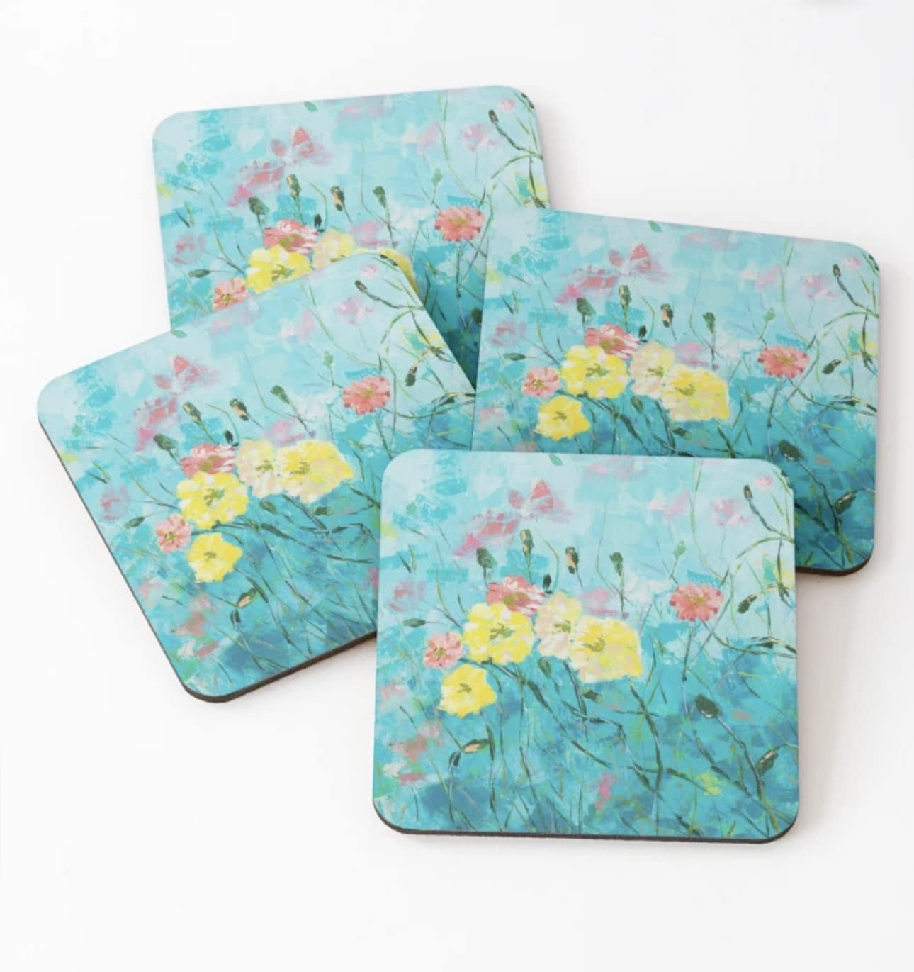 Add elegance to your decor with Maggie Deall’s floral coaster set, featuring soft blooms on a blue background. Perfect for art lovers and nature enthusiasts.