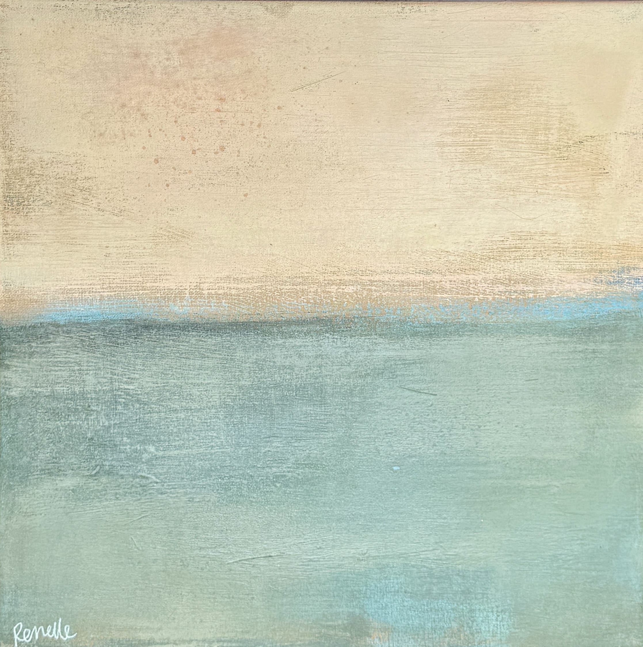Find serenity with "Learning to Rest" by Renelle Harrison. A textured blend of blues and neutrals, float framed in natural wood.