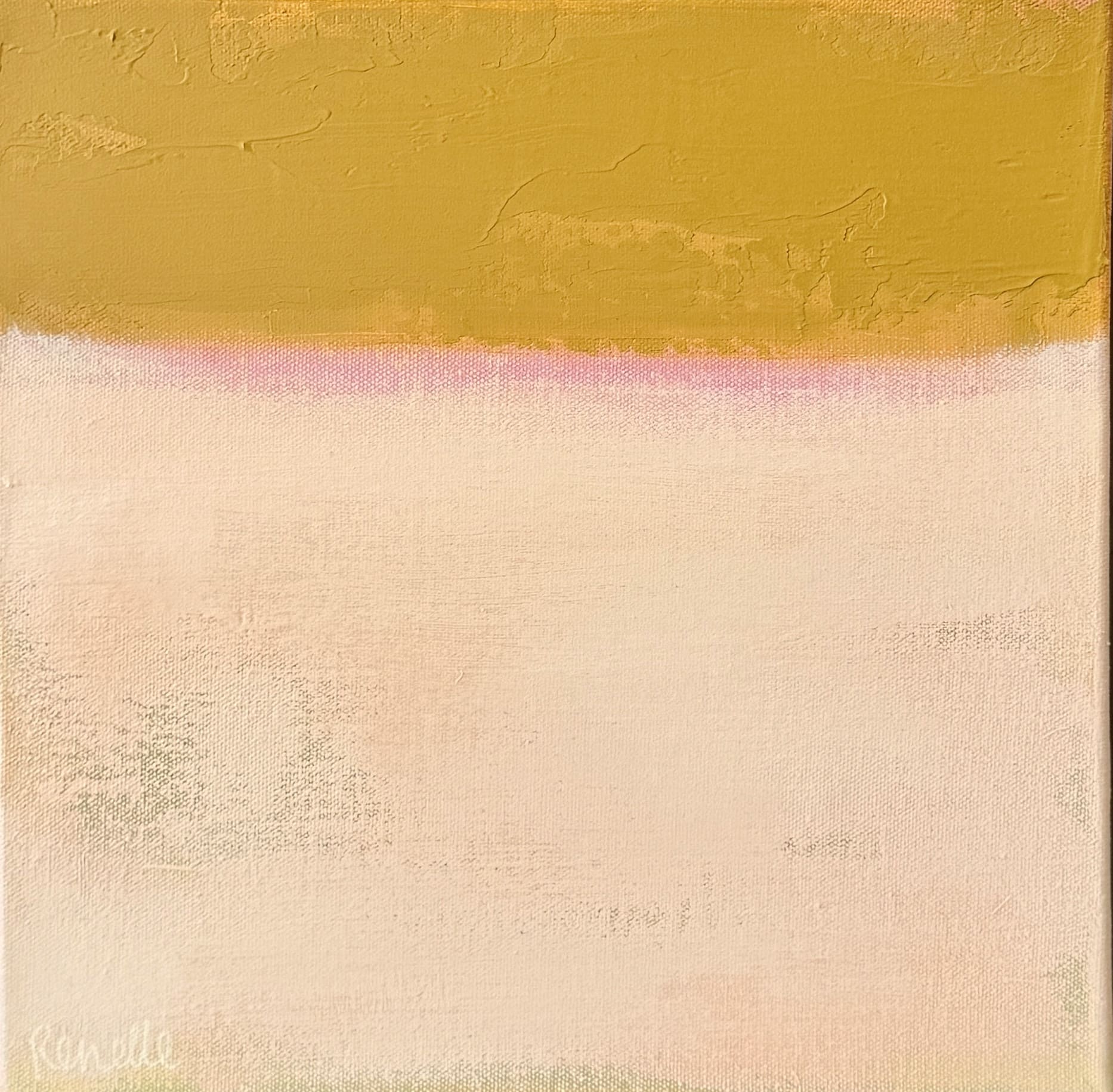 Experience the ethereal layers of "Only Some Can See" by Renelle Harrison, a textured masterpiece in warm golden hues. Float framed in natural wood.