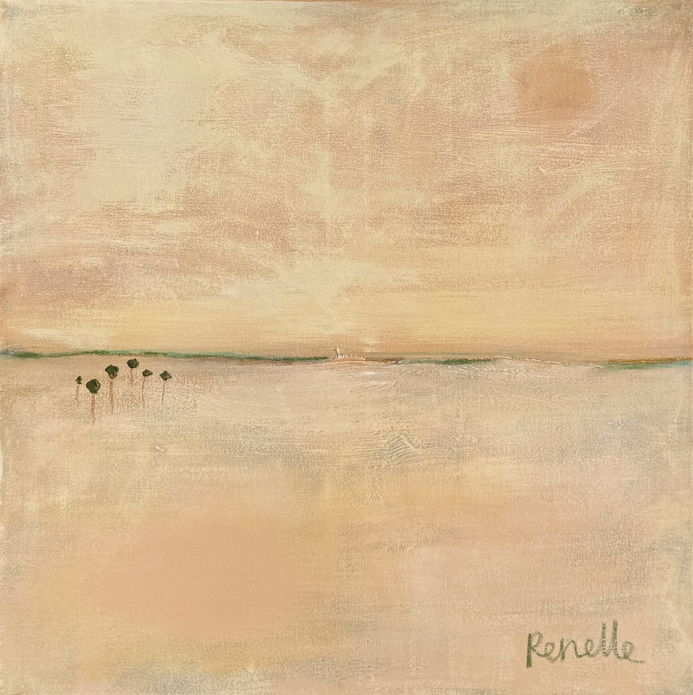Find serenity in "Repose" by Renelle Harrison. A tranquil, textured landscape of soft golden hues, float framed in natural wood.