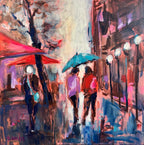Rainy Day in Paris by Bev Harris (50cm x 50cm) captures the charm of Parisian streets on a rainy day. Float framed in Australian Oak.