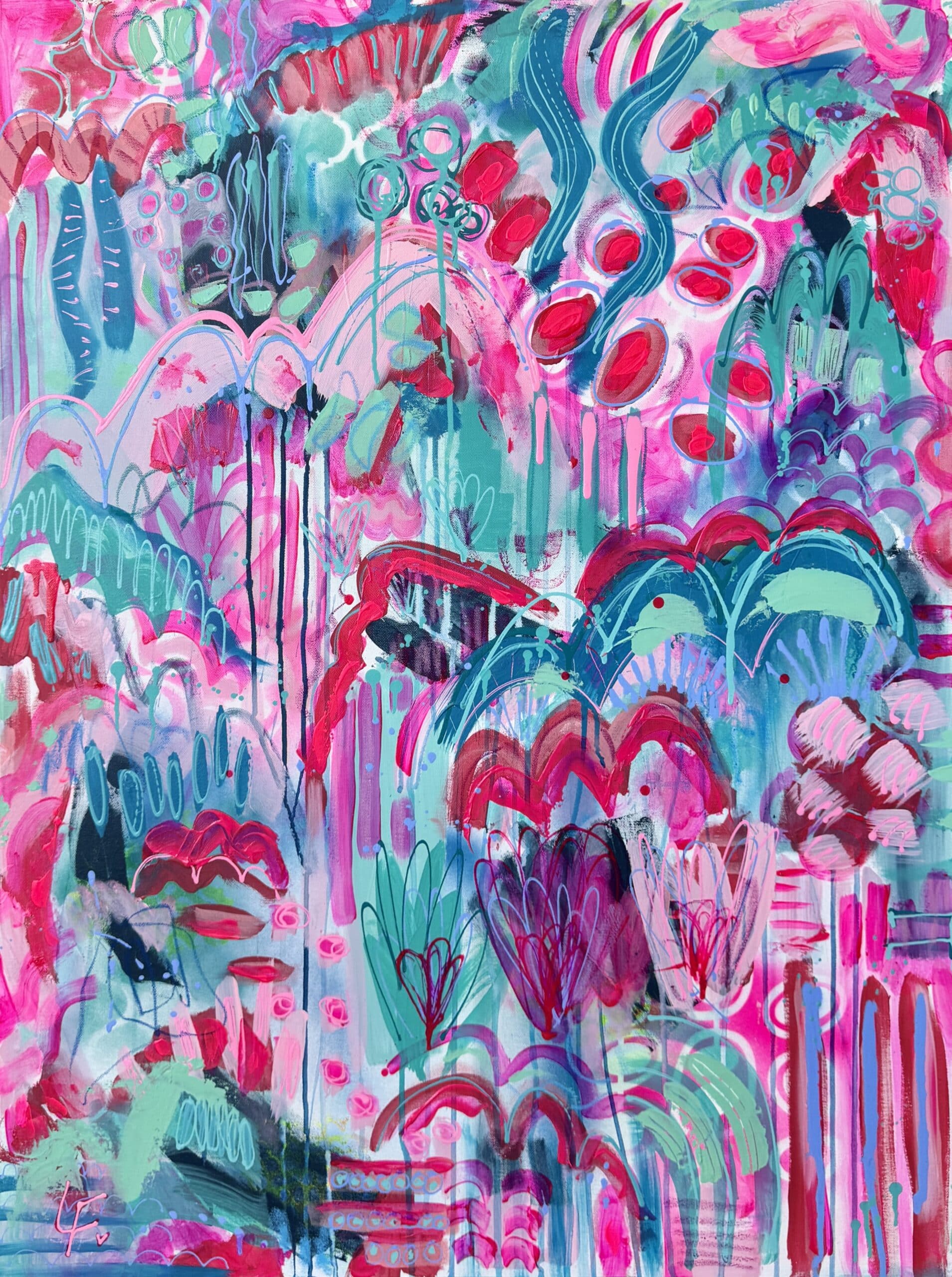 Step into a world of imagination with Daydream by Lindy Farley, an 80cm x 105cm vibrant abstract artwork framed in Australian Oak.