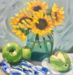 Sunflowers by Aaron Basei is a vibrant acrylic painting bursting with golden blooms, fresh green apples, and rich texture. A joyful celebration of nature.
