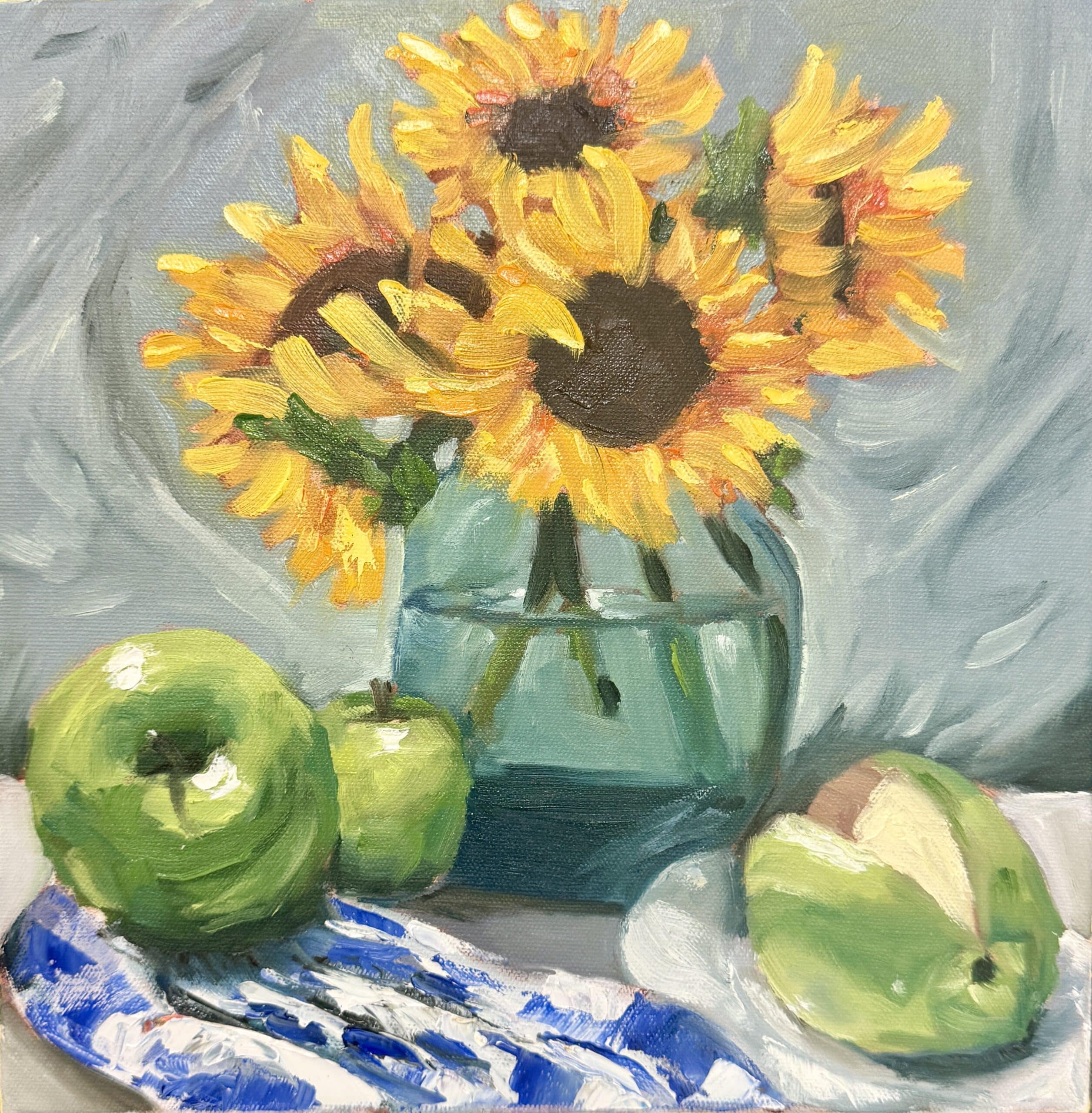 Sunflowers by Aaron Basei is a vibrant acrylic painting bursting with golden blooms, fresh green apples, and rich texture. A joyful celebration of nature.