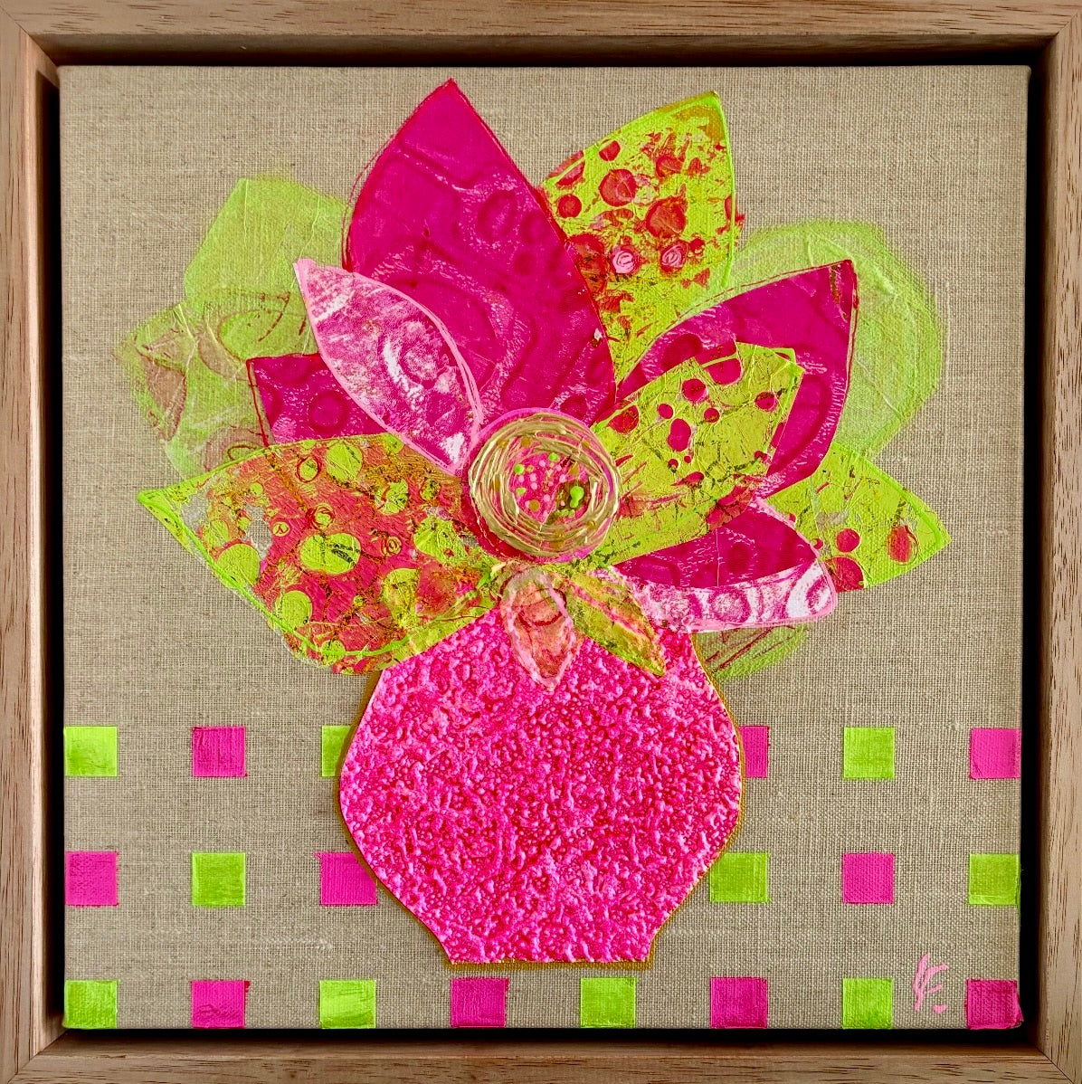 A zesty explosion of neon green and hot pink, Lime Fizz by Lindy Farley is a lively floral mixed-media piece that radiates fun and energy. Float framed in wood.