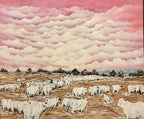 On the Move by Rebecca Hutchinson is a charming rural landscape with white cattle, dreamy pink skies, and gentle movement through the Australian bush.