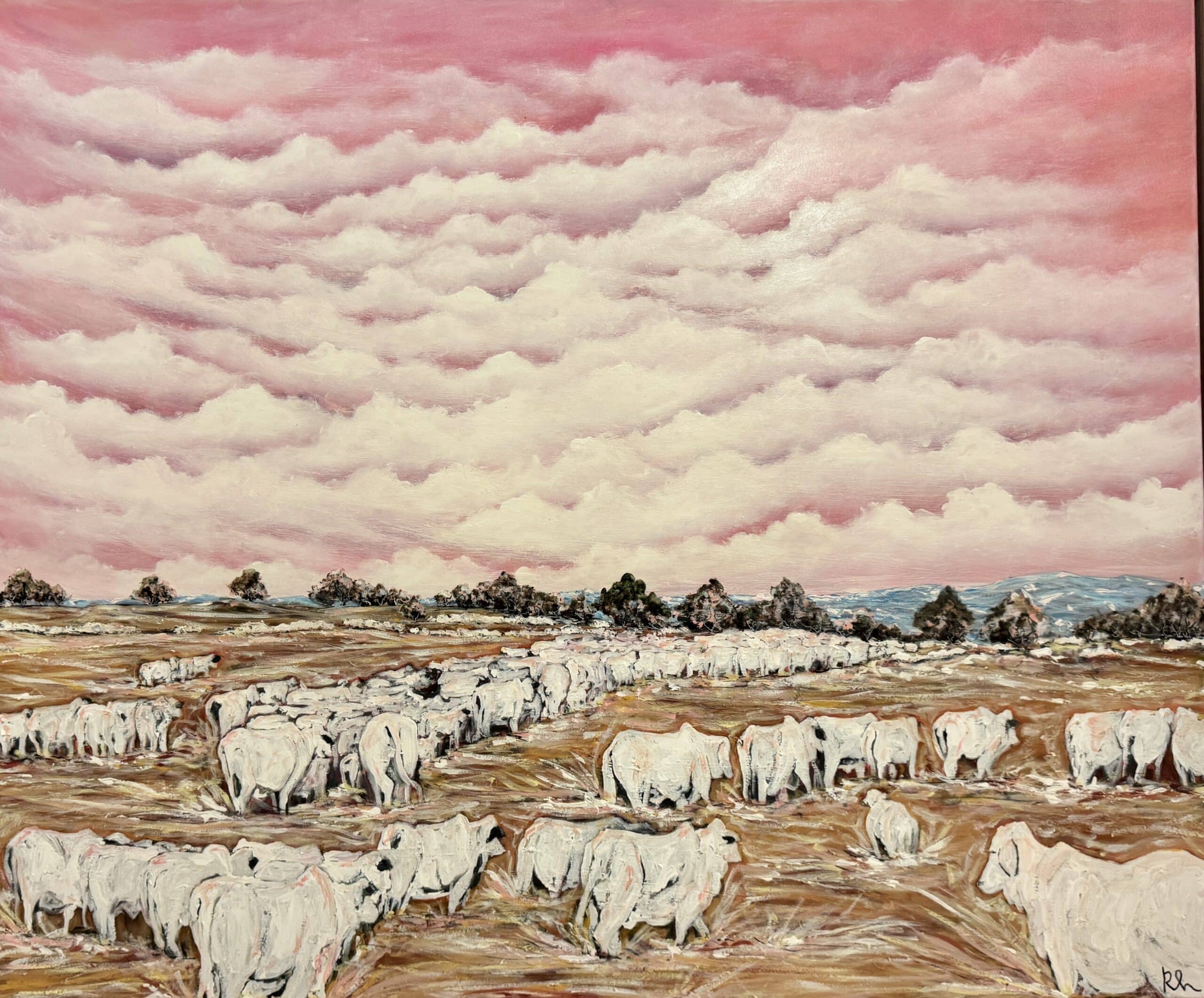 On the Move by Rebecca Hutchinson is a charming rural landscape with white cattle, dreamy pink skies, and gentle movement through the Australian bush.