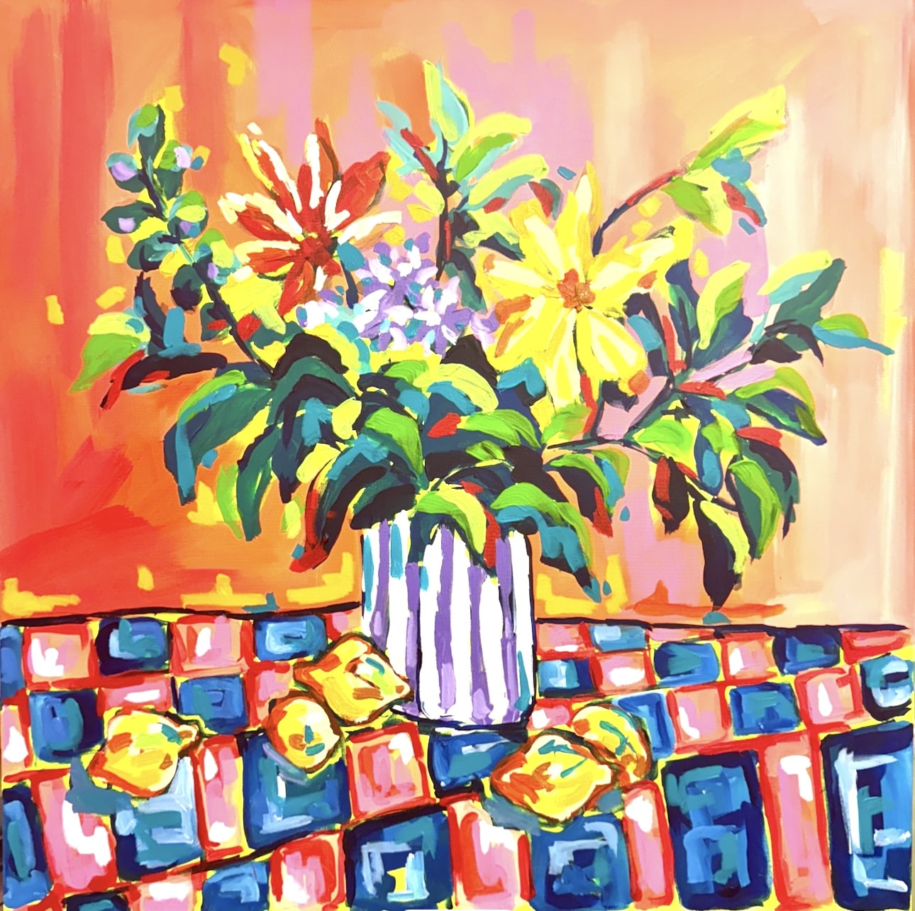 Lemons for Breakfast by Maggie Deall is a bold, joyful still life full of colour, charm and painterly flair – a bright start to any day.