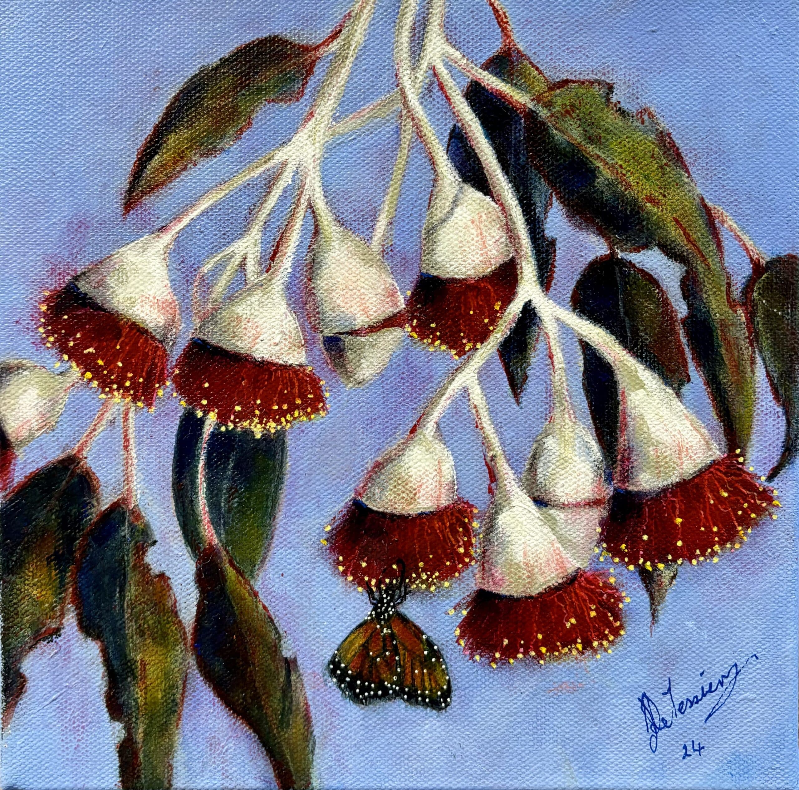 Immerse yourself in Jacqueline De Tessier’s acrylic painting, Gum Blossom #3, featuring vibrant red blossoms and a delicate butterfly in a serene nature scene.