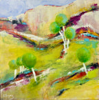 White Cliffs by Lesley Looney is a light-filled abstracted landscape in soft golds and greens. Float framed and ready to hang.