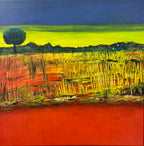Nature’s Harmony by Lesley Looney is a vibrant rural landscape in reds, yellows and greens. Float framed and ready to hang.