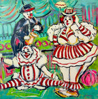 A lively and theatrical painting, Barnham’s Clowns by Bev Harris captures circus charm and colour with humour, nostalgia, and bold expression.