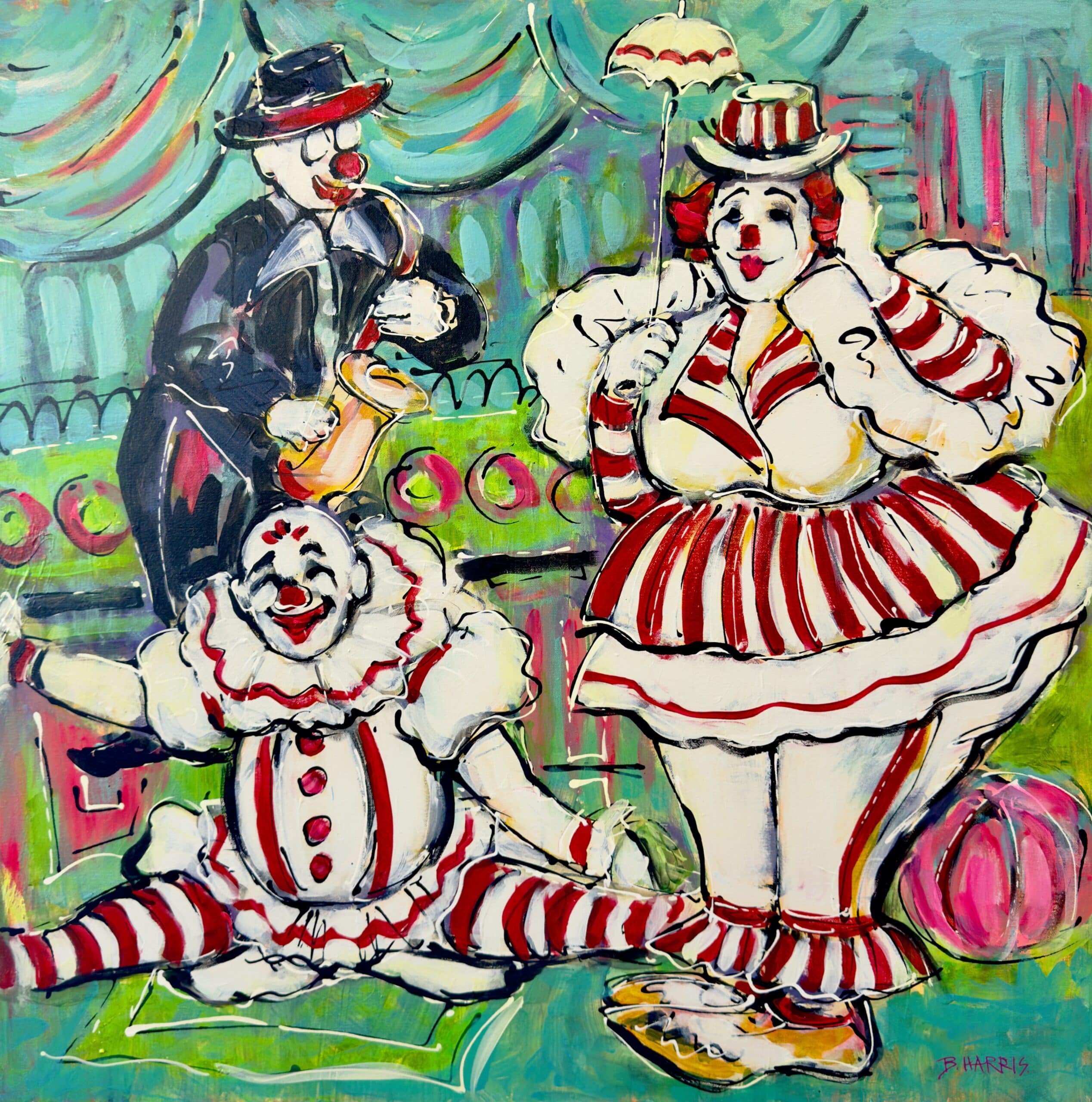 A lively and theatrical painting, Barnham’s Clowns by Bev Harris captures circus charm and colour with humour, nostalgia, and bold expression.