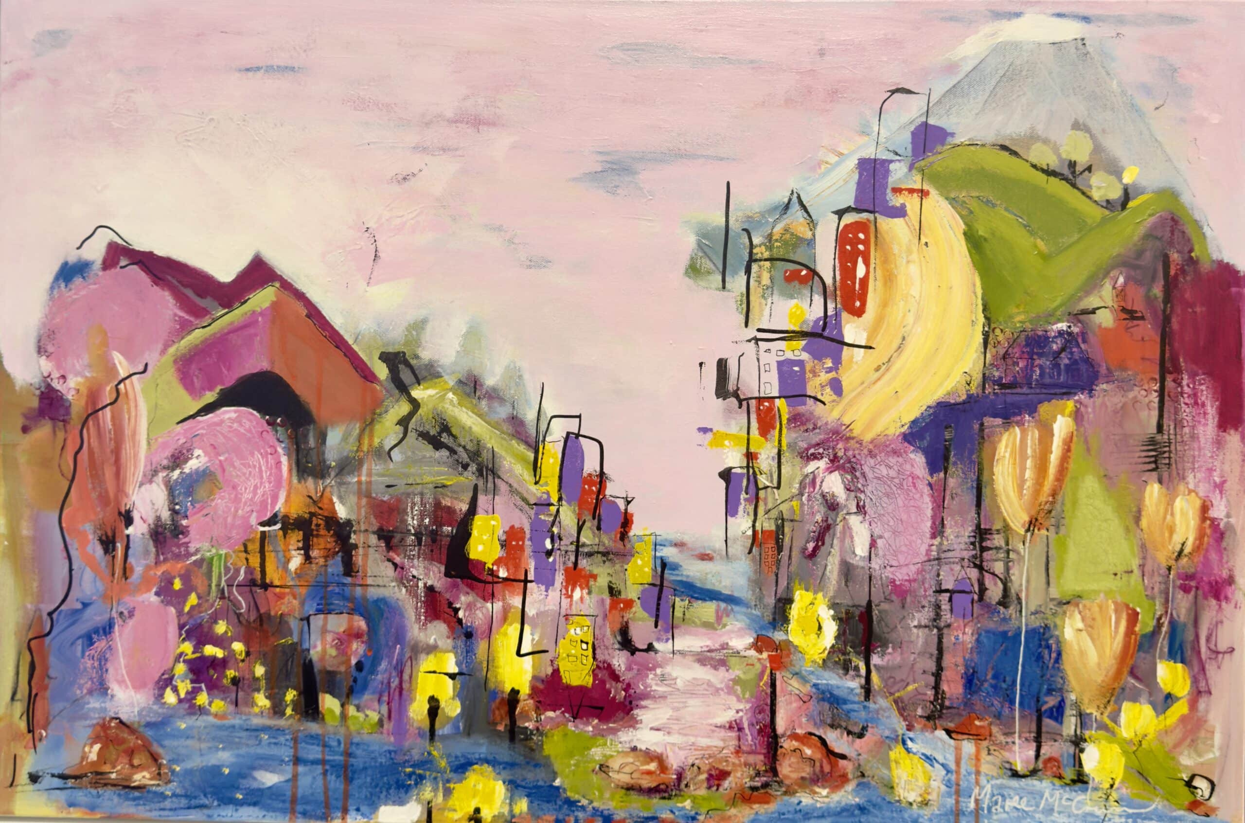 From Italy to the Canals of Leeton by Maree McCrum is a vibrant mixed media painting blending European charm with Riverina warmth. Framed and ready to hang.